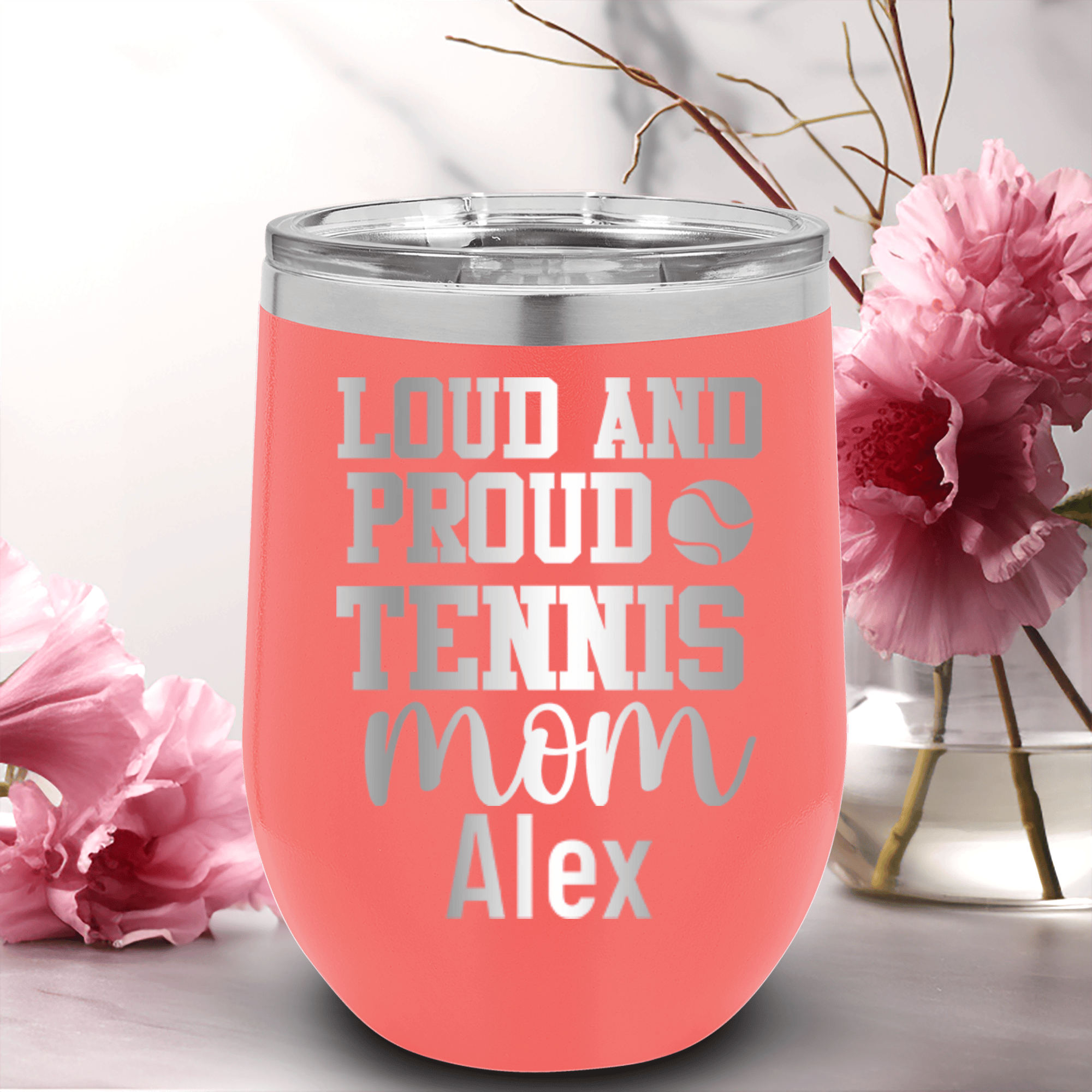 Salmon Tennis For Her Wine Tumbler With Loud And Proud Tennis Mom Design