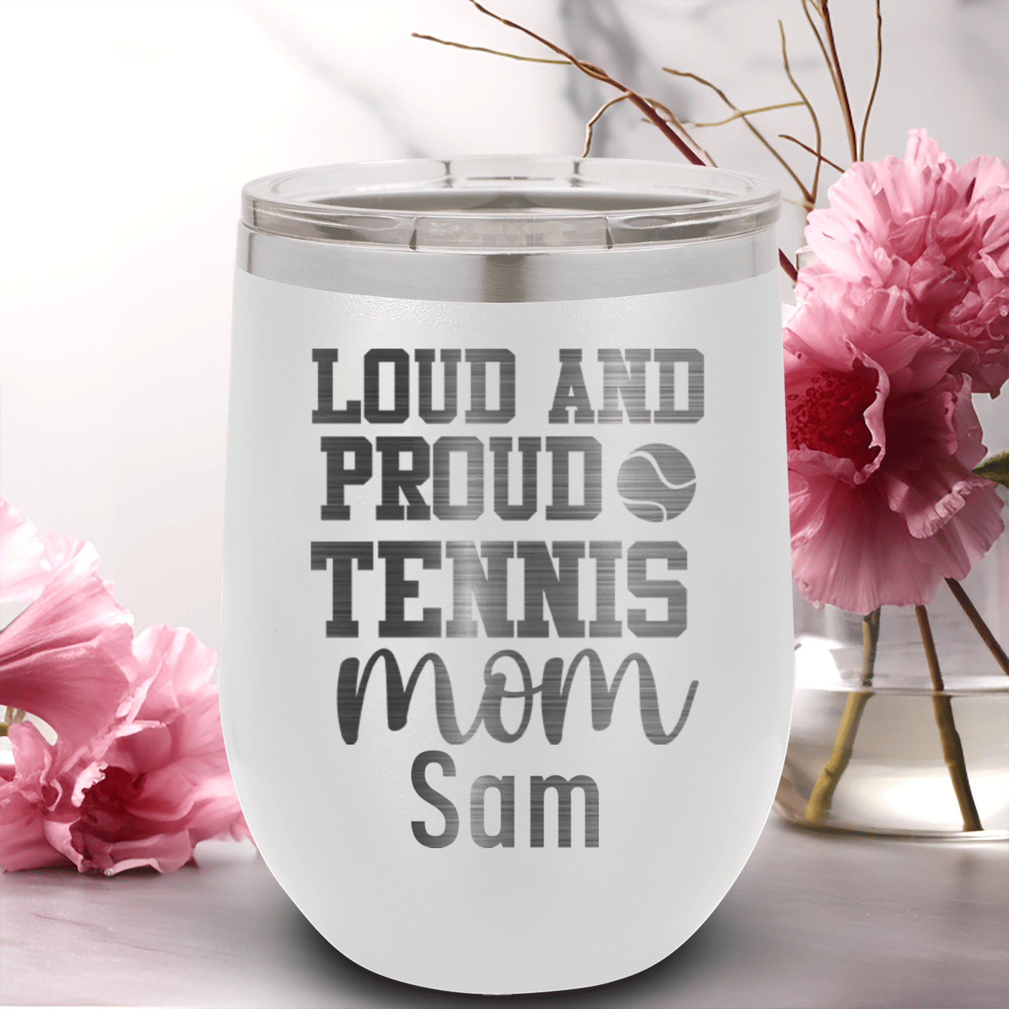 White Tennis For Her Wine Tumbler With Loud And Proud Tennis Mom Design