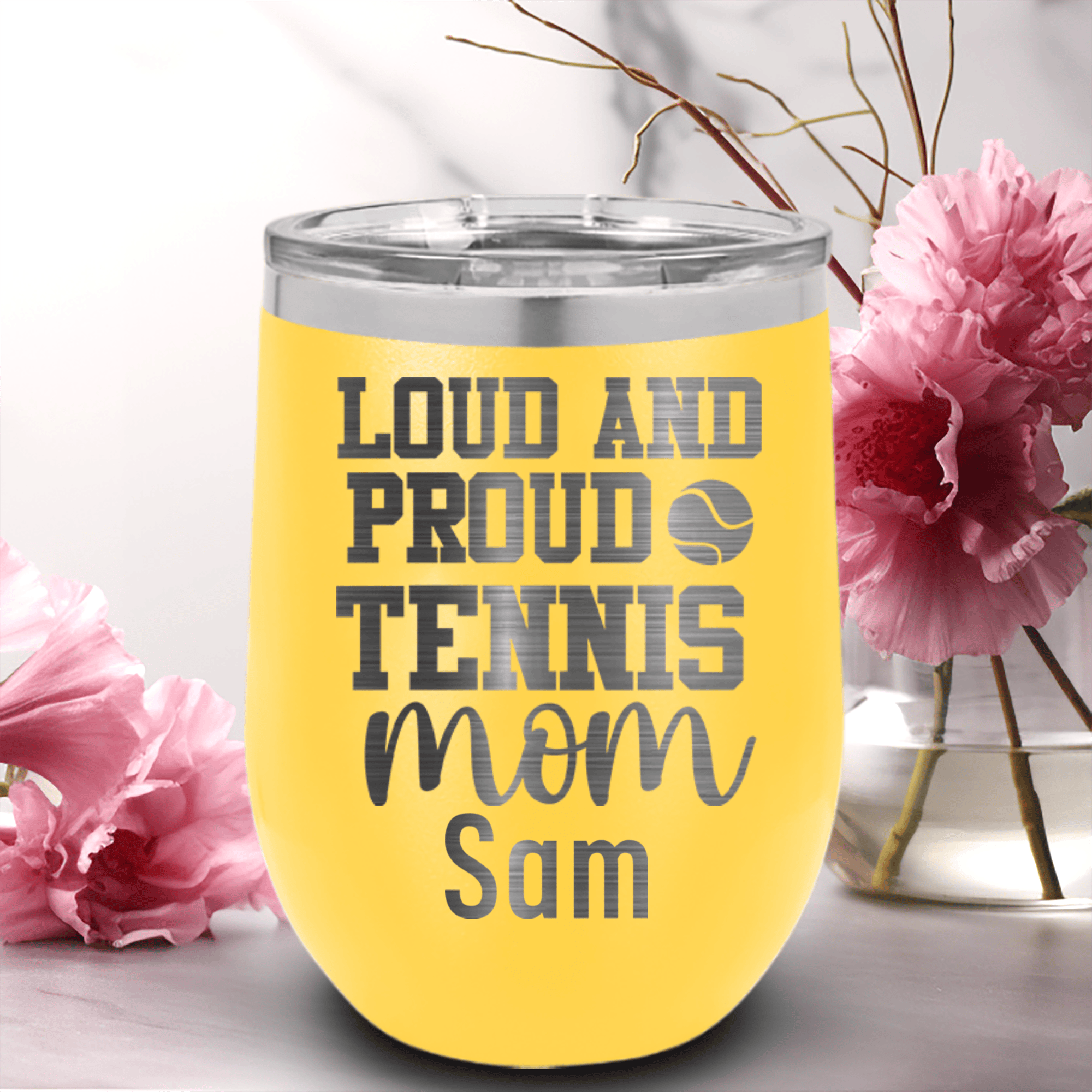 Yellow Tennis For Her Wine Tumbler With Loud And Proud Tennis Mom Design