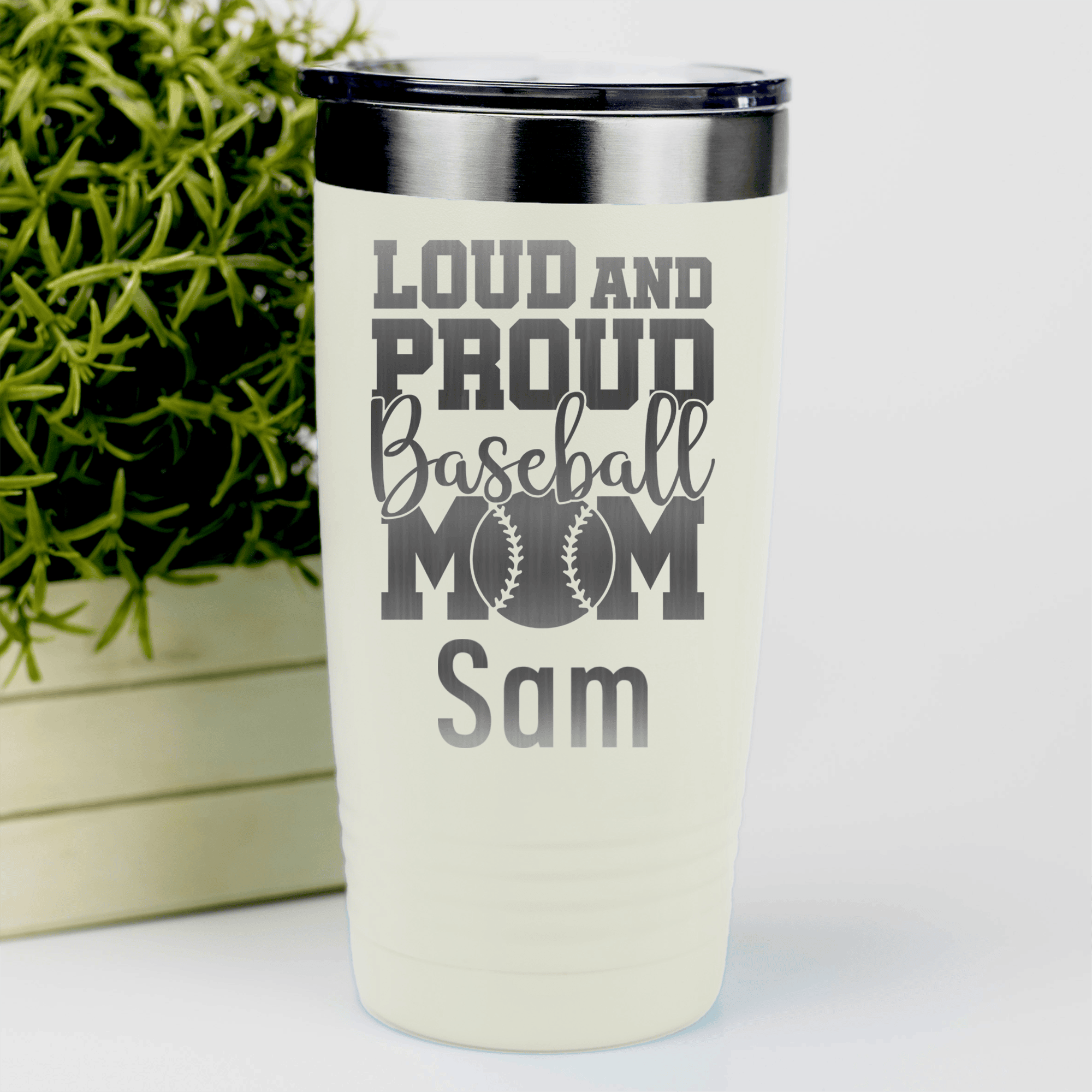 White Baseball Mom Tumbler With Loud Baseball Mom Alert Design