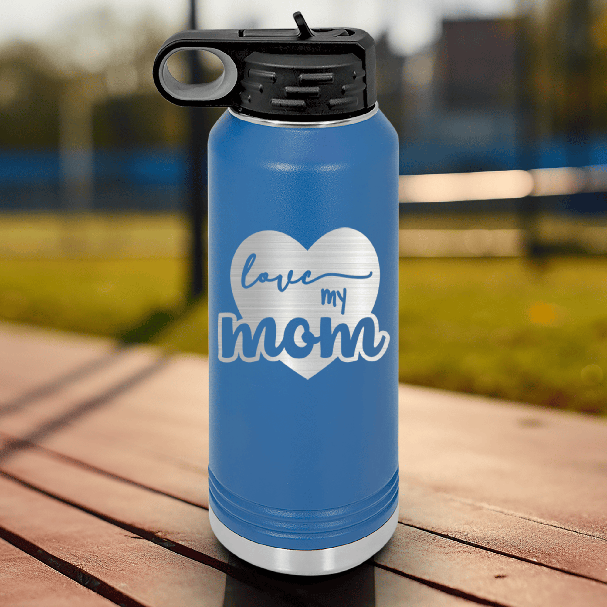 Blue Mothers Day Water Bottle With Love My Mom Design