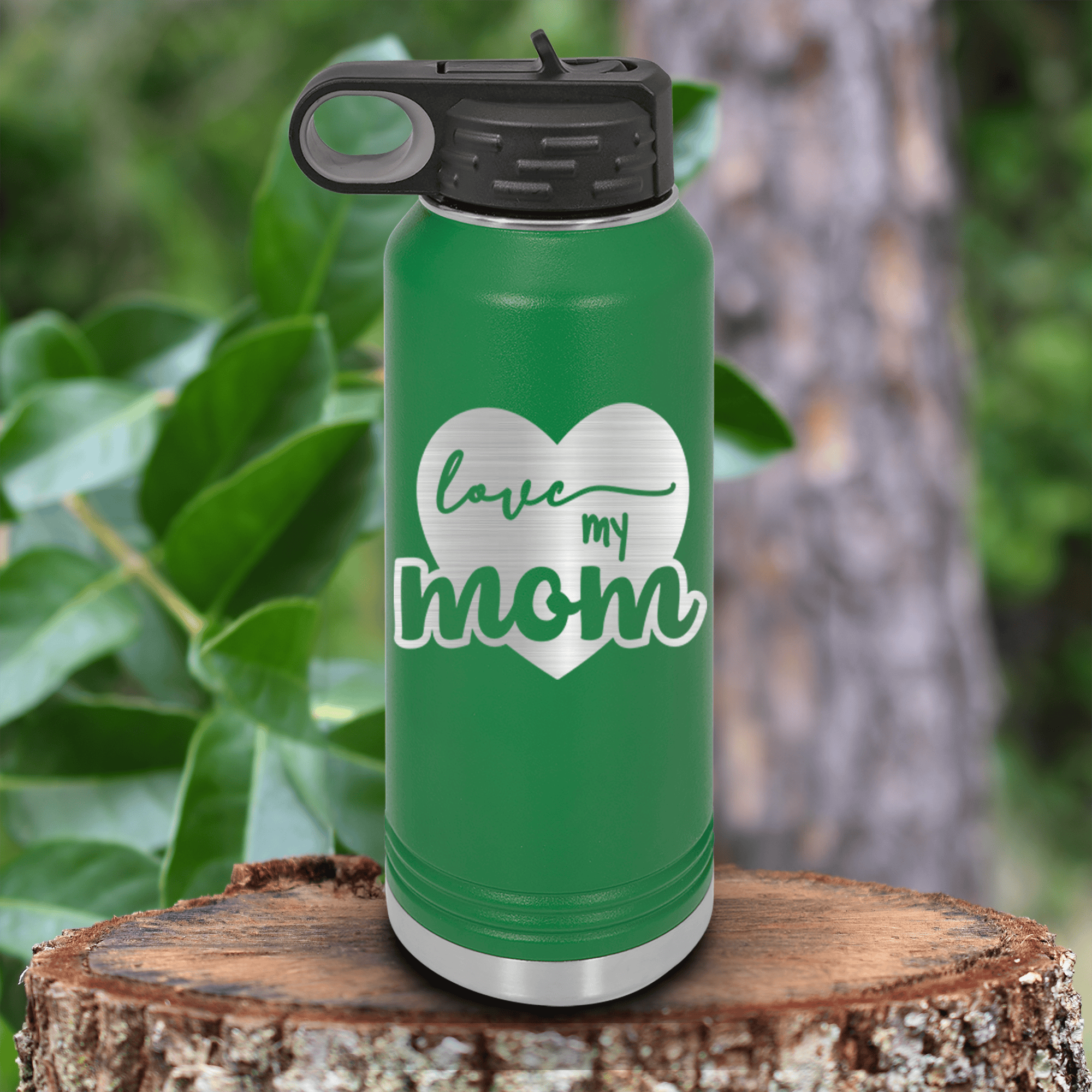 Green Mothers Day Water Bottle With Love My Mom Design