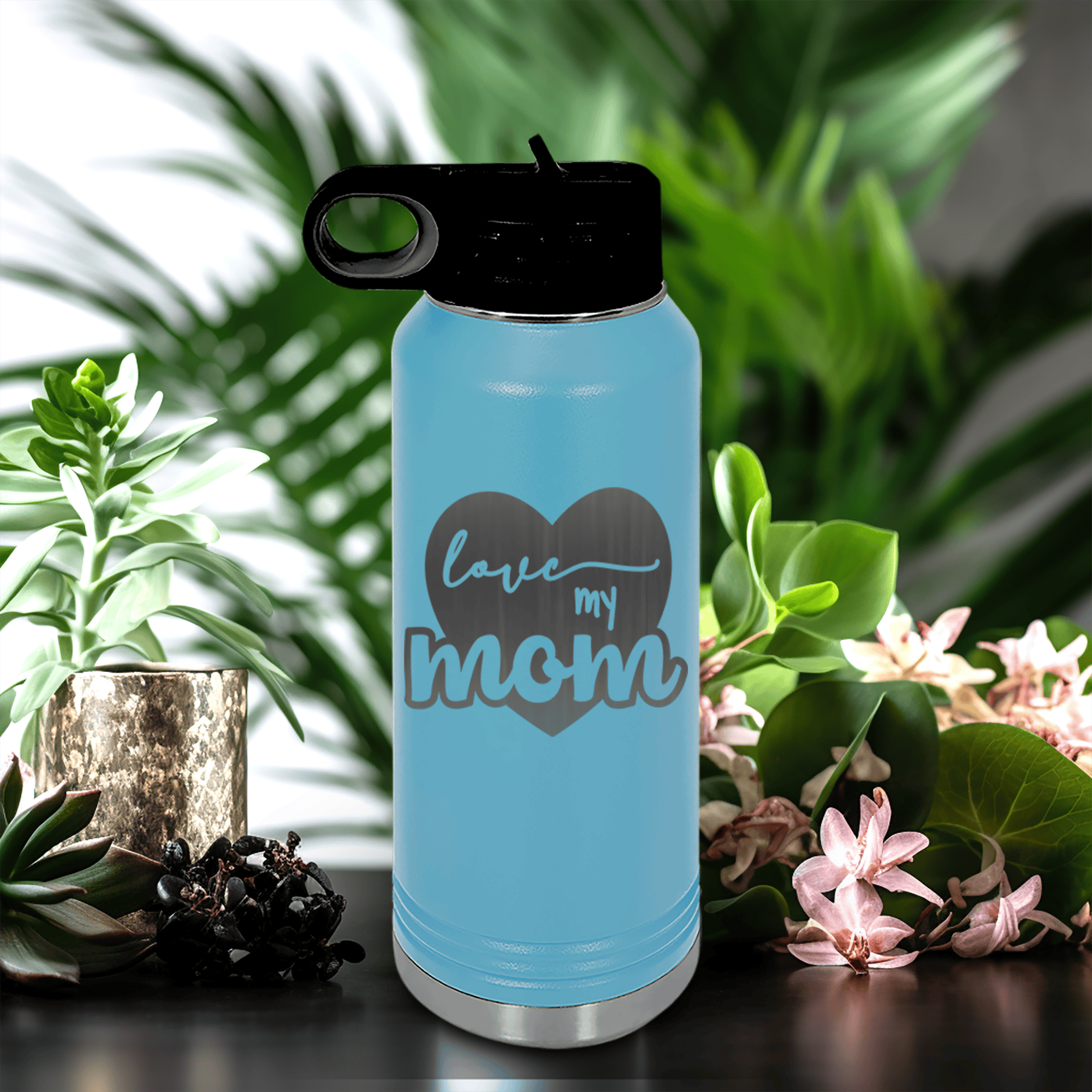 Light Blue Mothers Day Water Bottle With Love My Mom Design