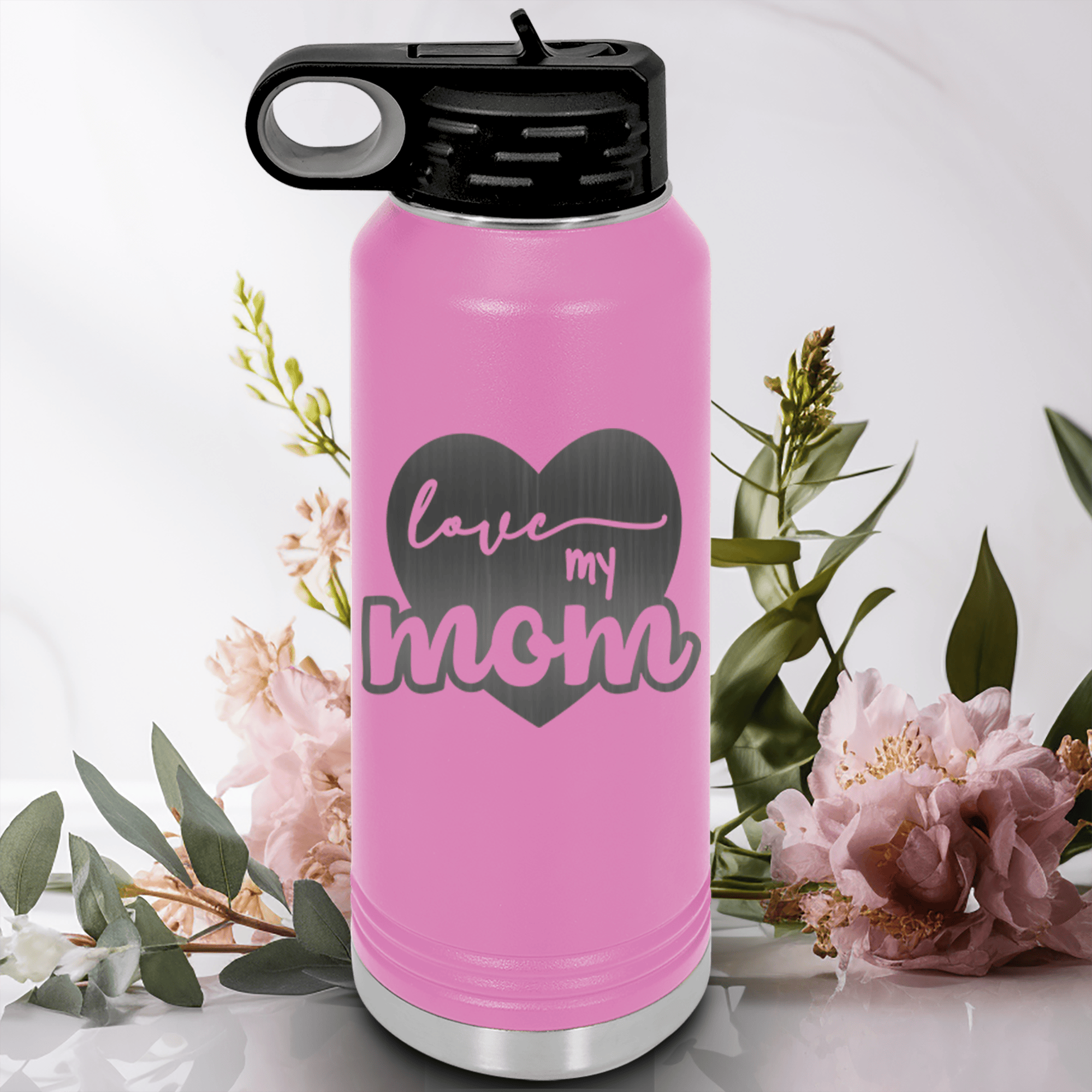 Light Purple Mothers Day Water Bottle With Love My Mom Design