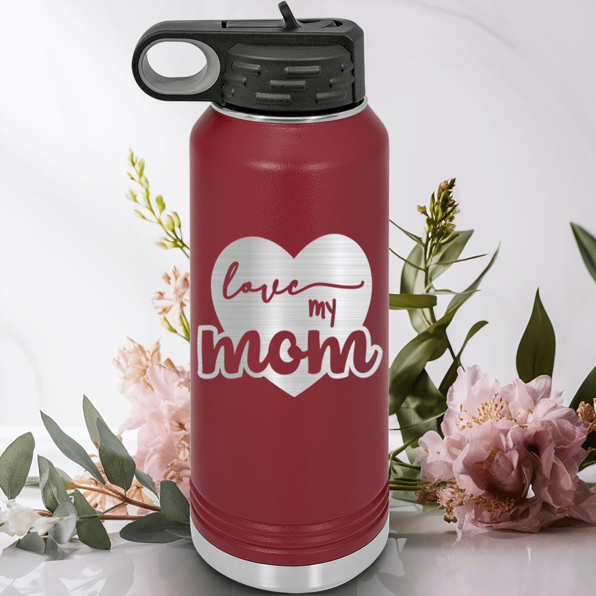 Maroon Mothers Day Water Bottle With Love My Mom Design