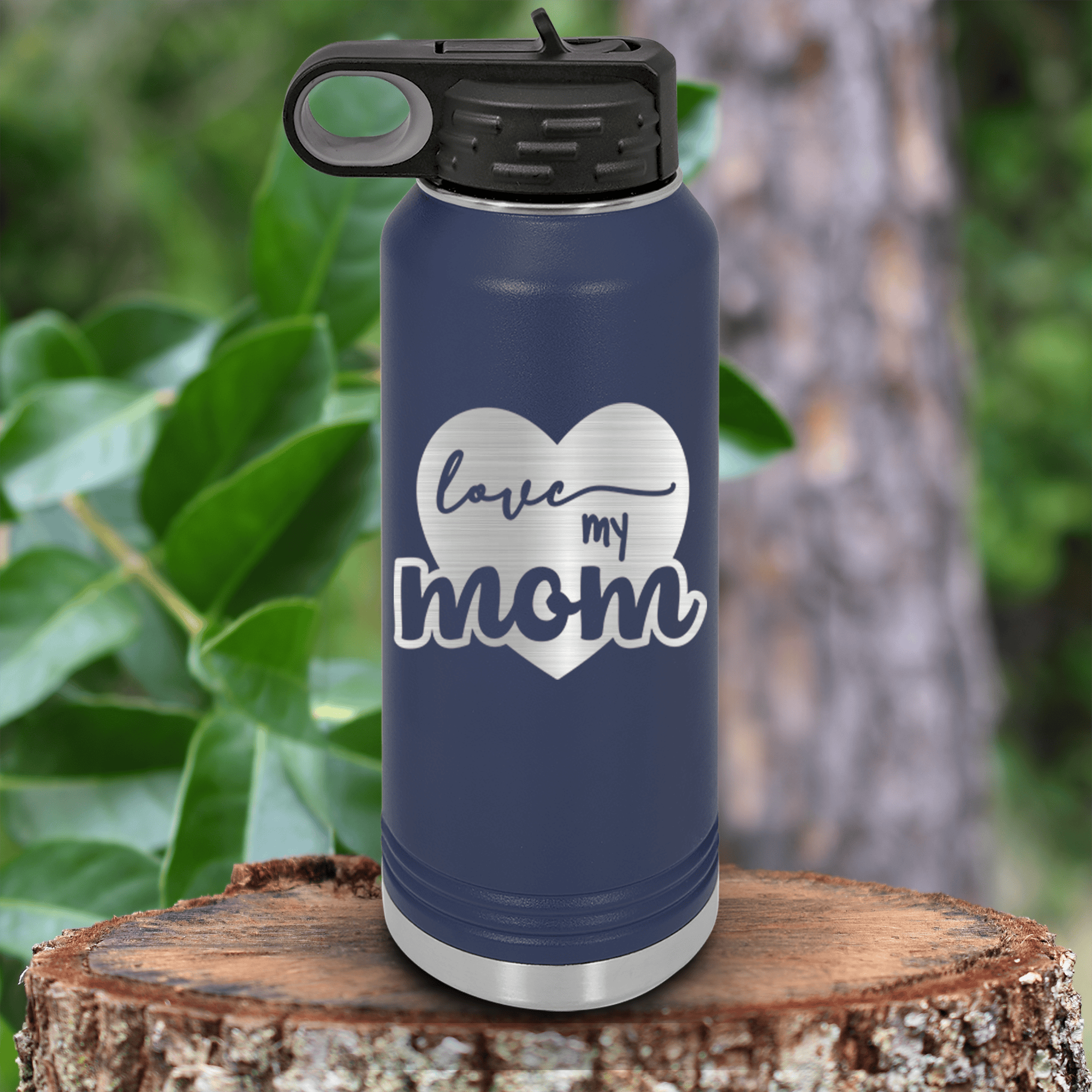 Navy Mothers Day Water Bottle With Love My Mom Design