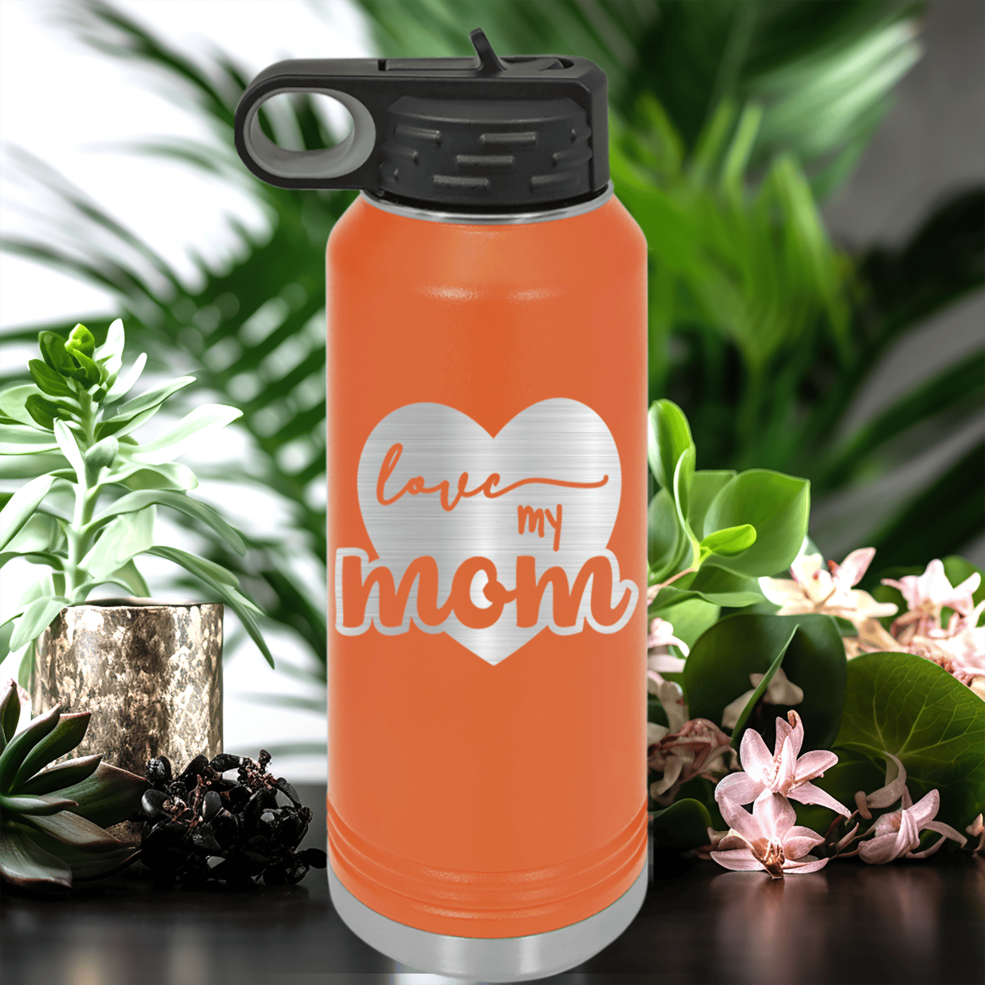 Orange Mothers Day Water Bottle With Love My Mom Design