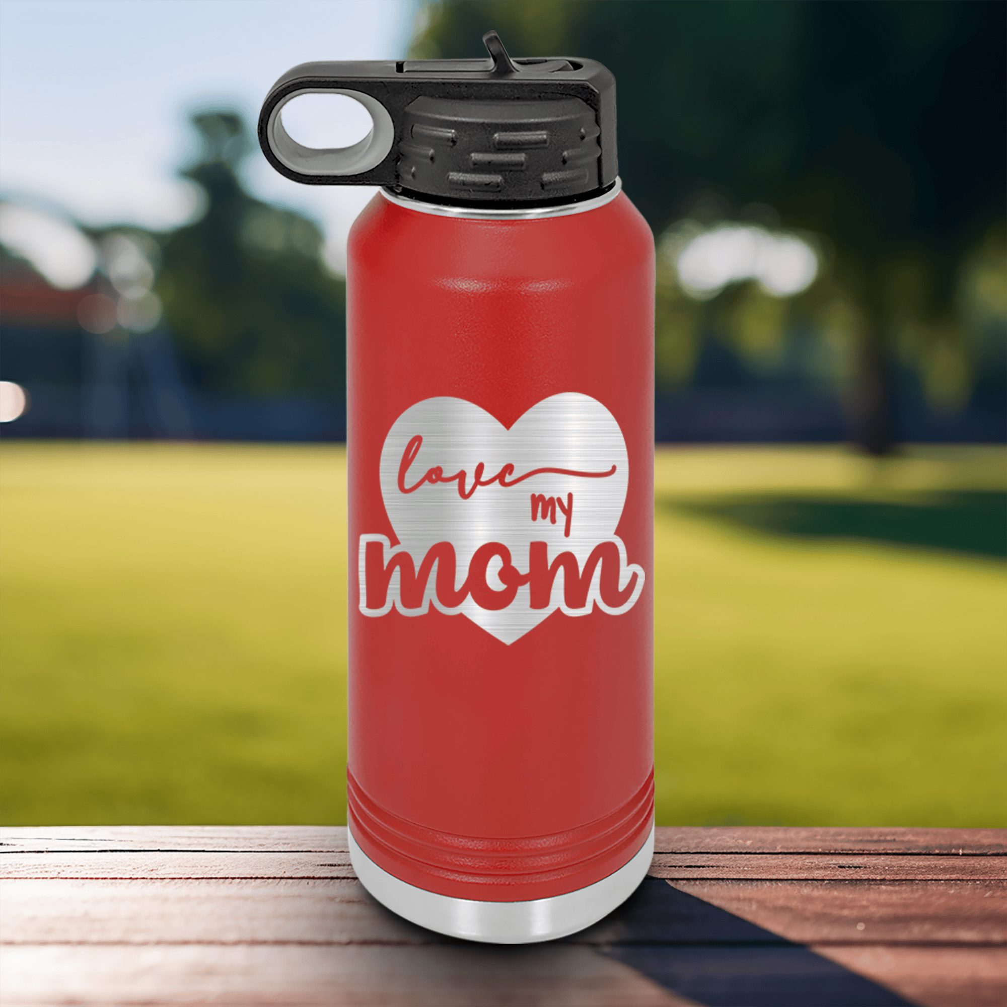 Red Mothers Day Water Bottle With Love My Mom Design