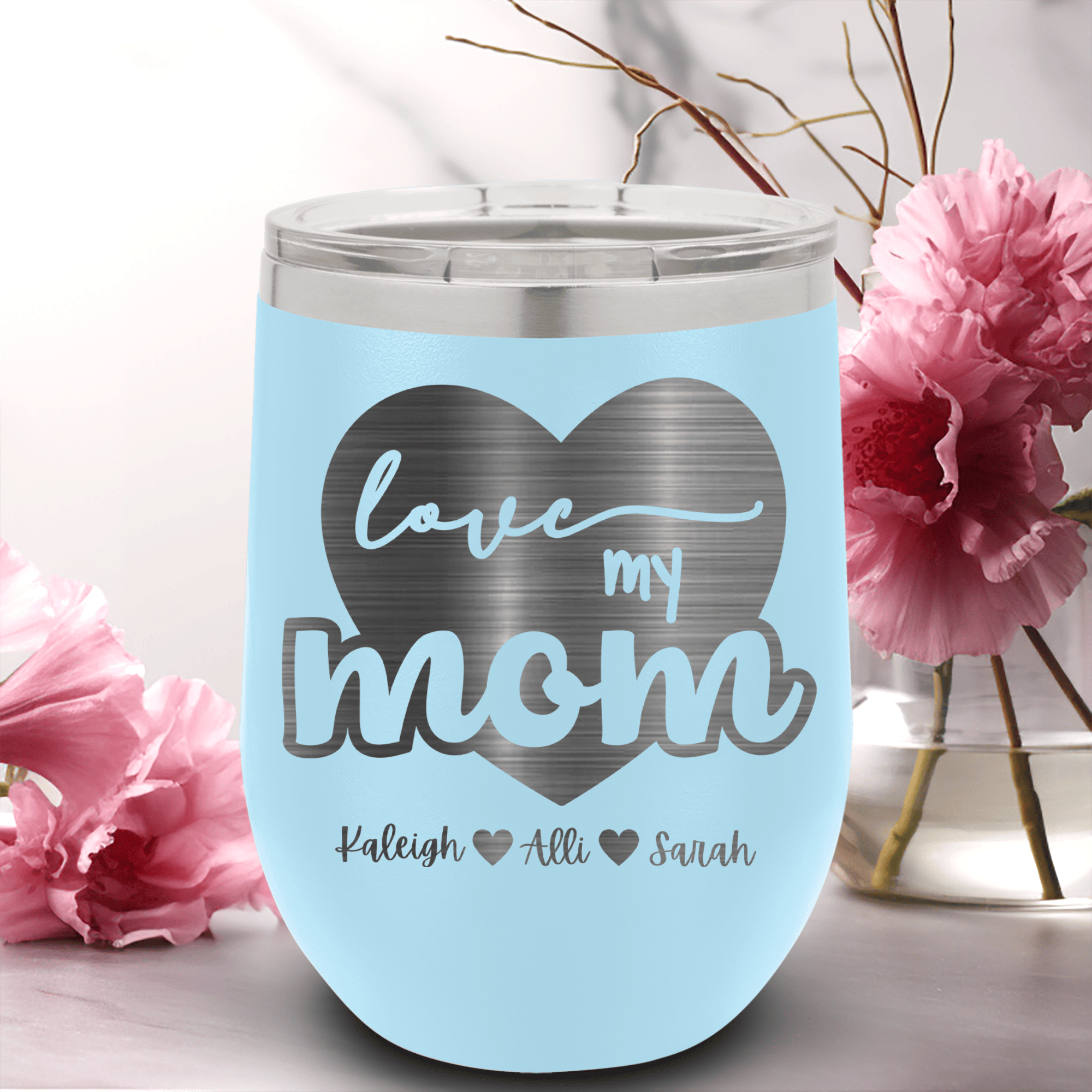 Light Blue Mothers Day Wine Tumbler With Love My Mom Design