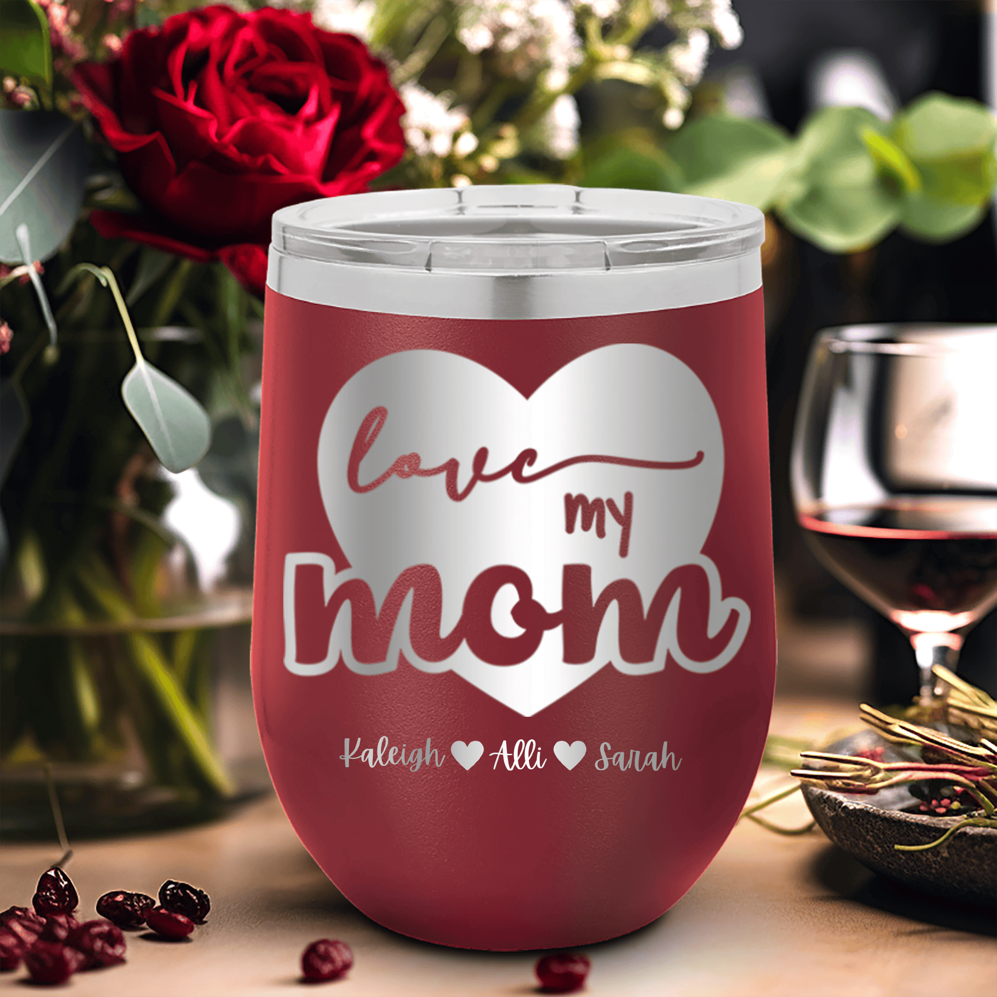 Maroon Mothers Day Wine Tumbler With Love My Mom Design