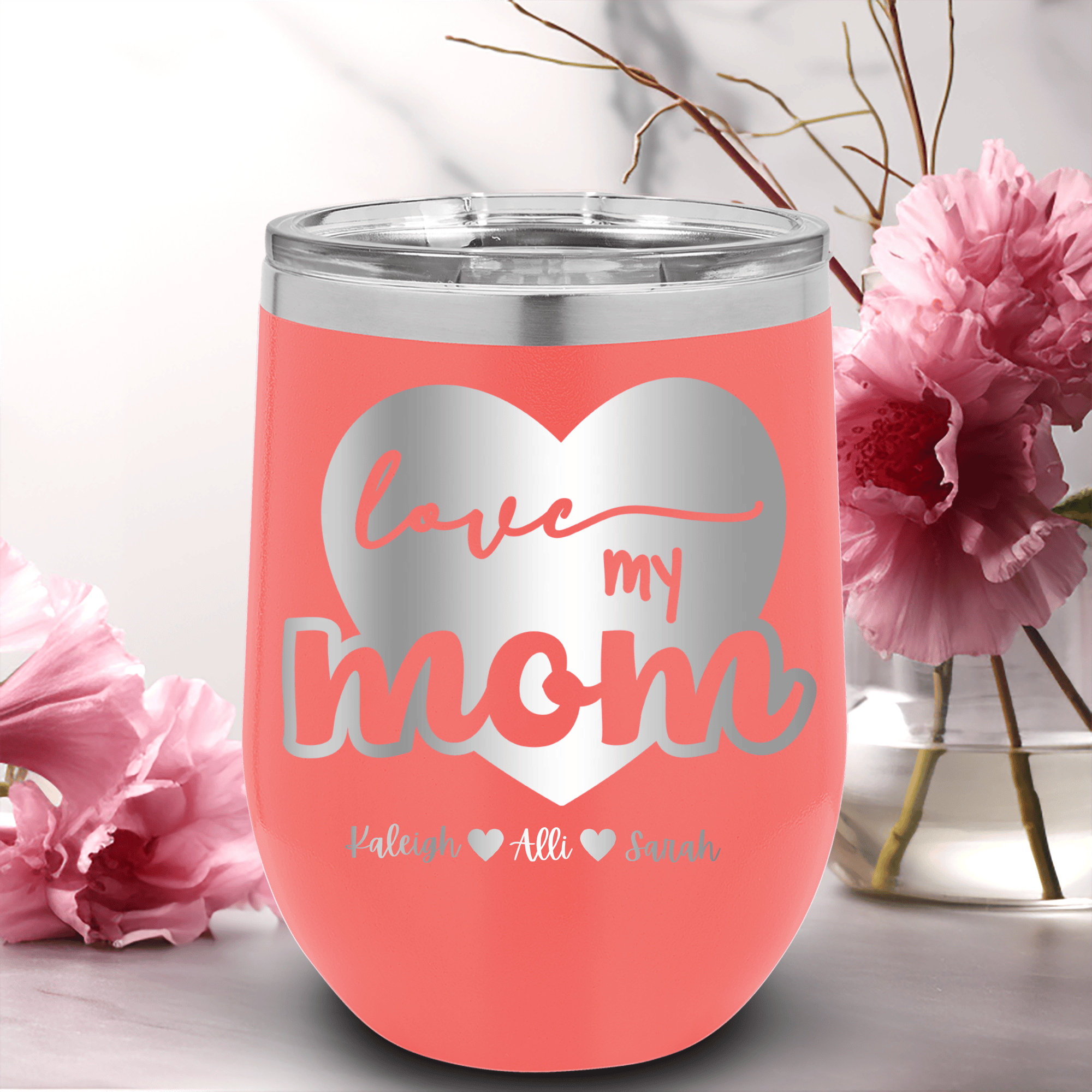 Salmon Mothers Day Wine Tumbler With Love My Mom Design