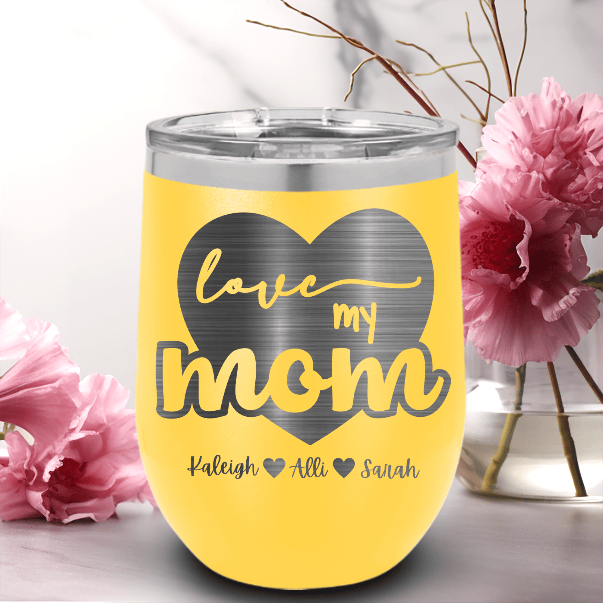 Yellow Mothers Day Wine Tumbler With Love My Mom Design