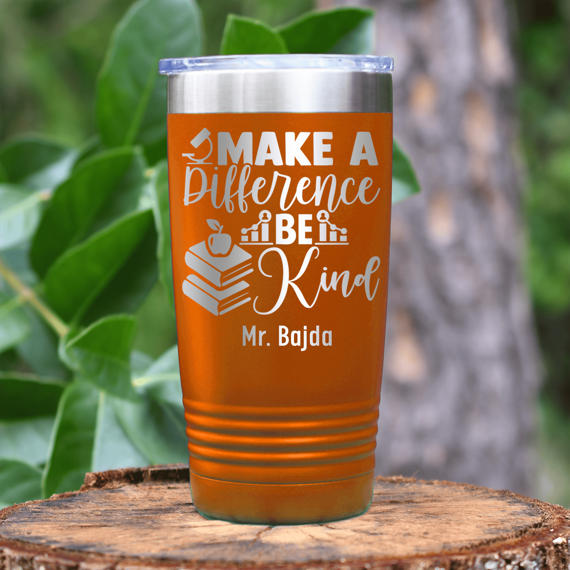 Orange Teacher Tumbler With Make A Difference Be Kind Design