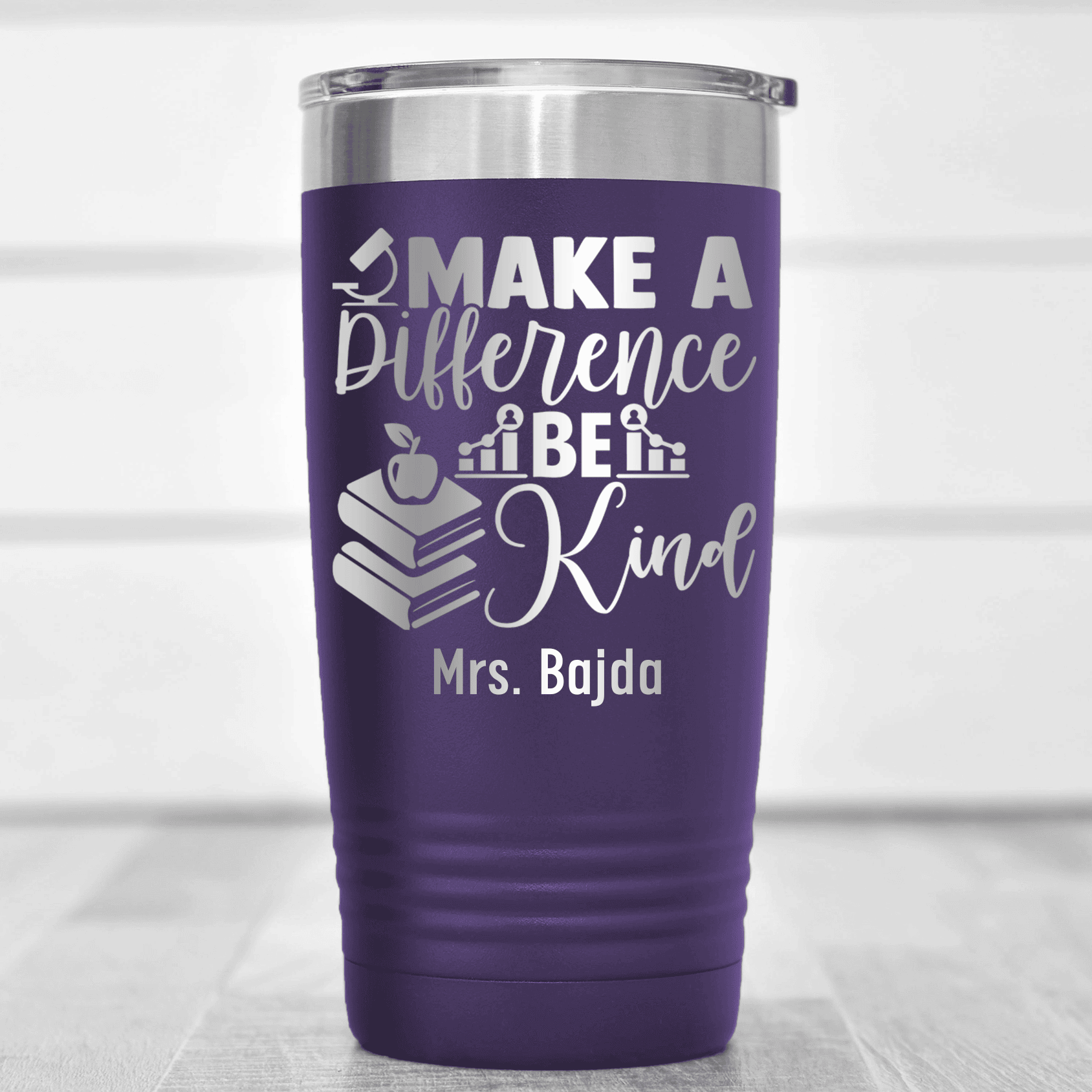 Purple Teacher Tumbler With Make A Difference Be Kind Design