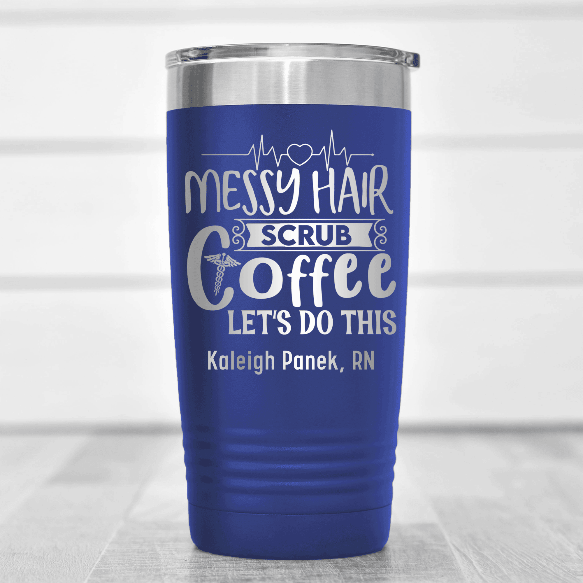 Blue Nurse Tumbler With Messy Hair Scrubs And Coffee Design