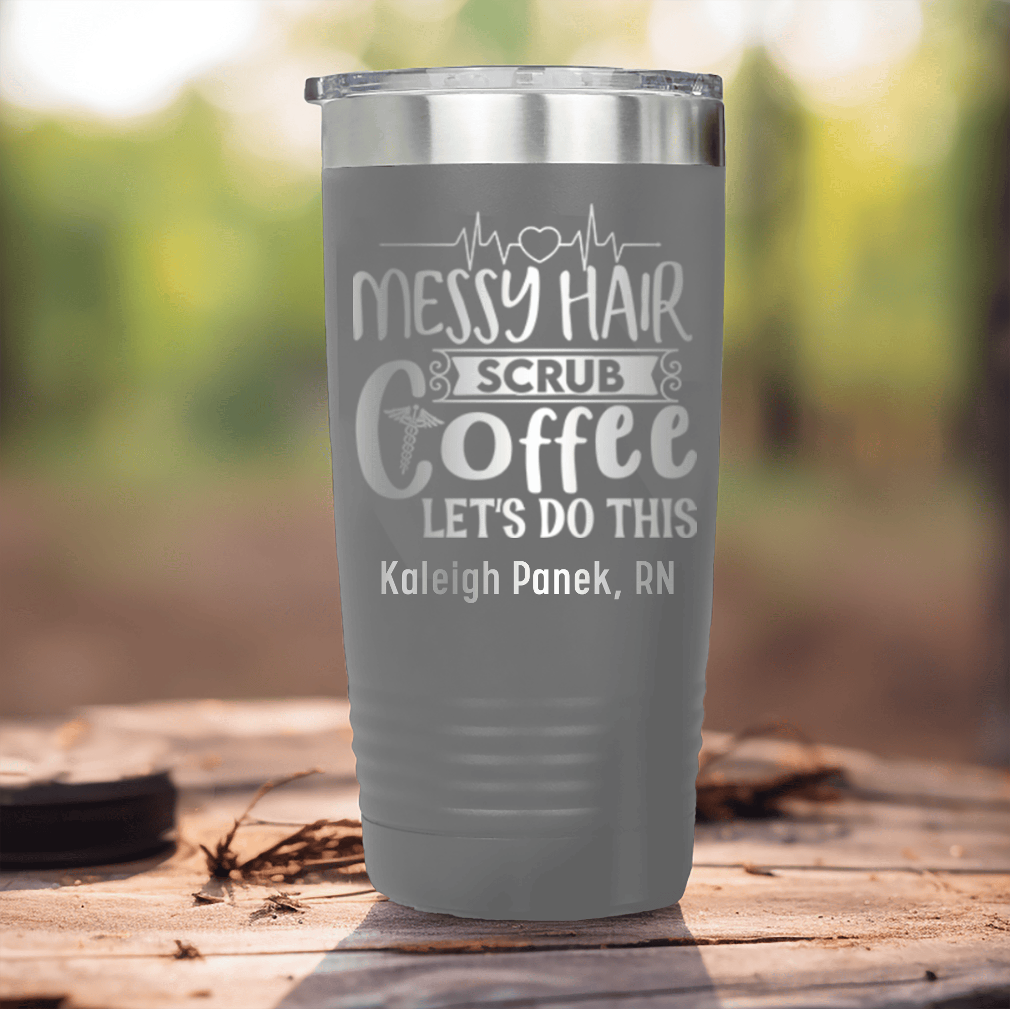 Grey Nurse Tumbler With Messy Hair Scrubs And Coffee Design