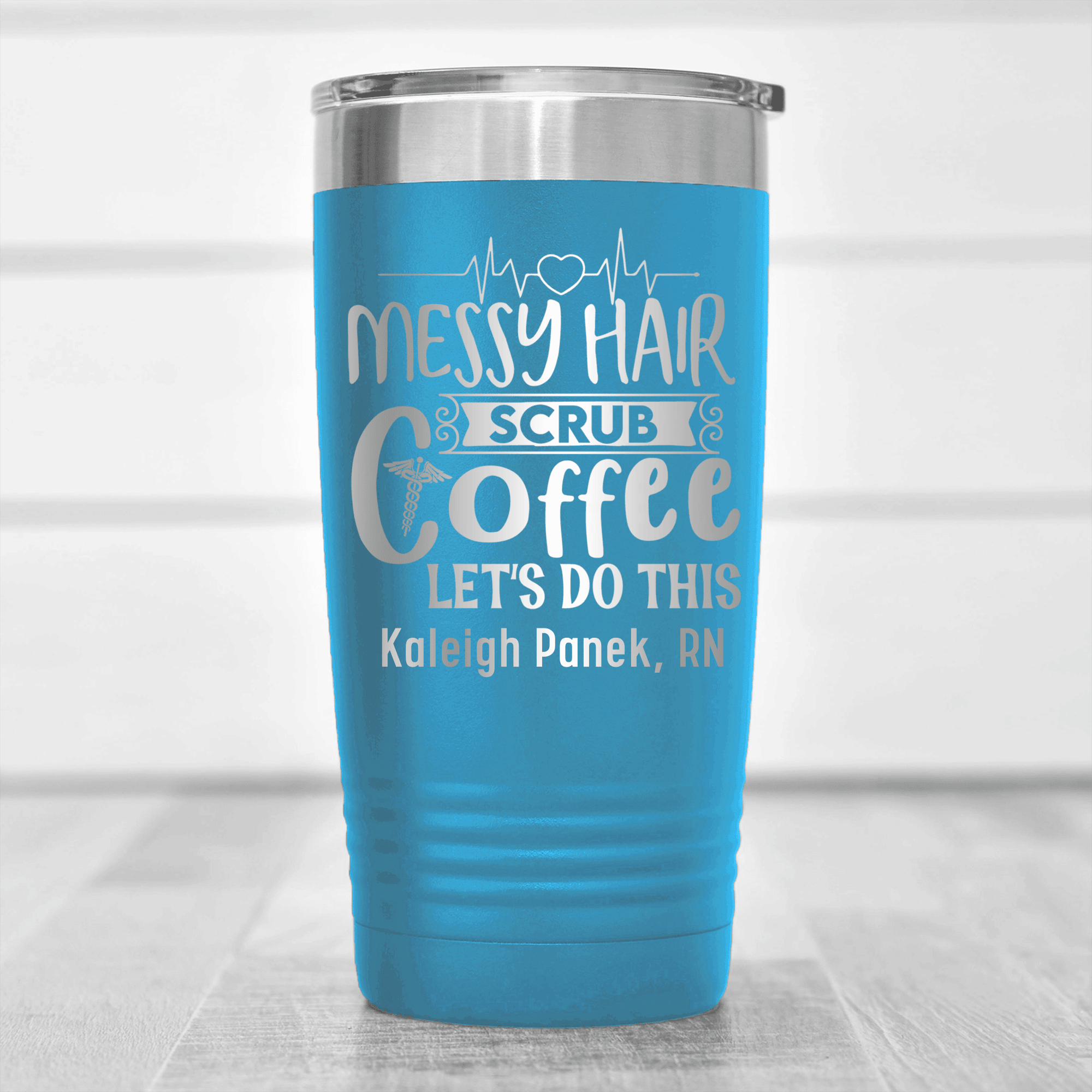 Light Blue Nurse Tumbler With Messy Hair Scrubs And Coffee Design