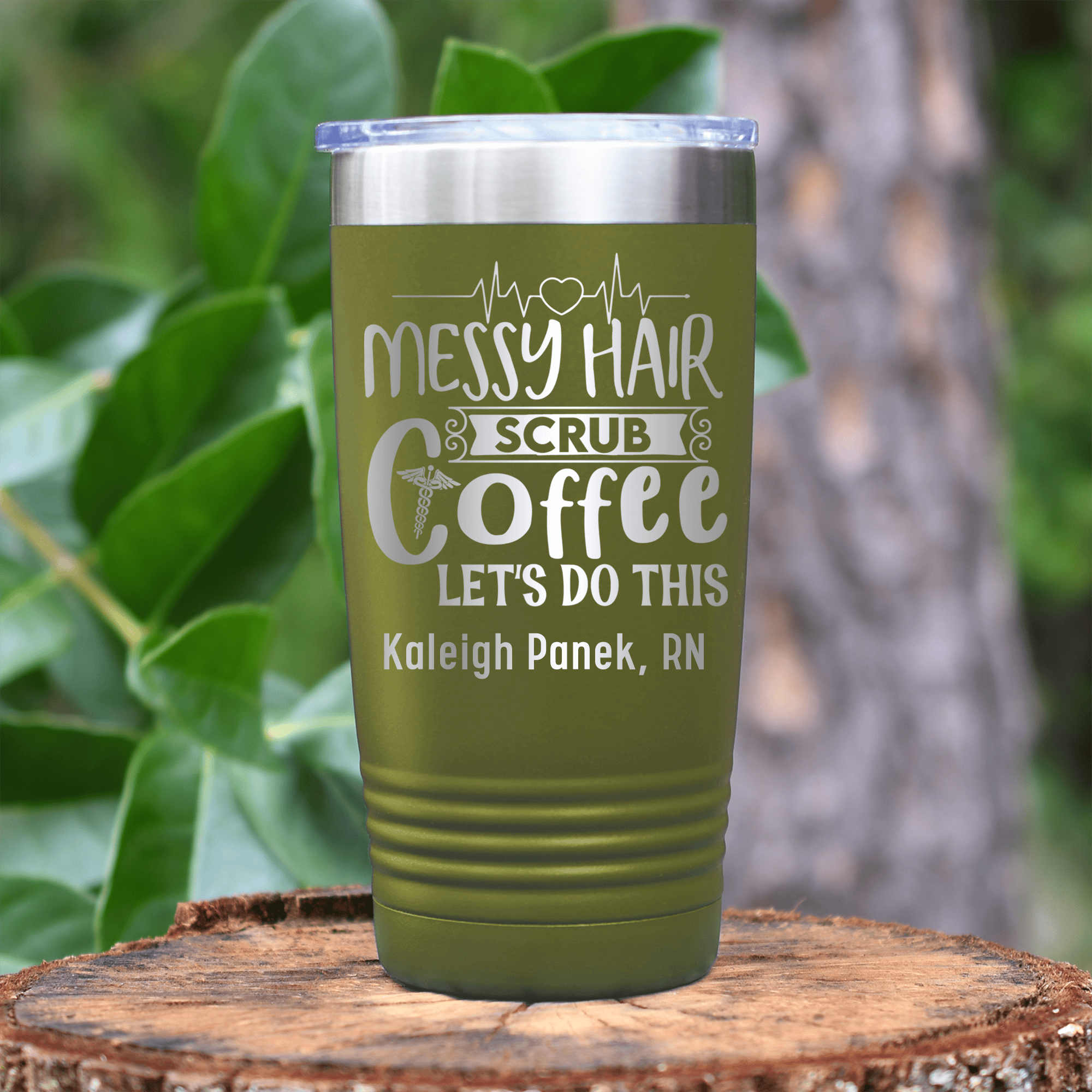 Military Green Nurse Tumbler With Messy Hair Scrubs And Coffee Design