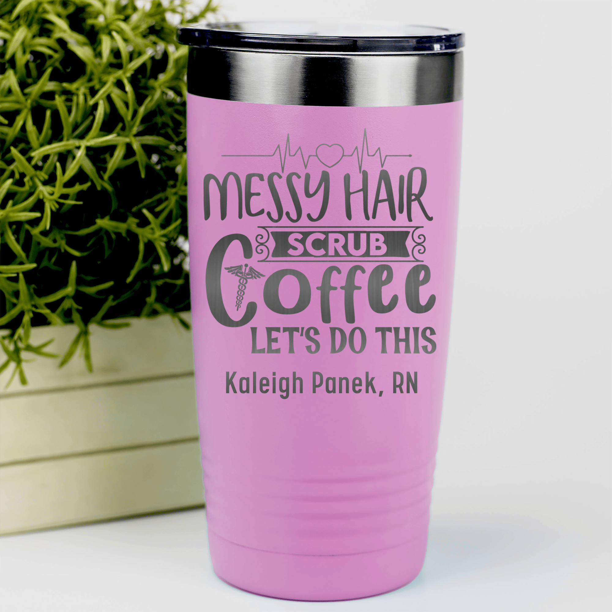 Pink Nurse Tumbler With Messy Hair Scrubs And Coffee Design