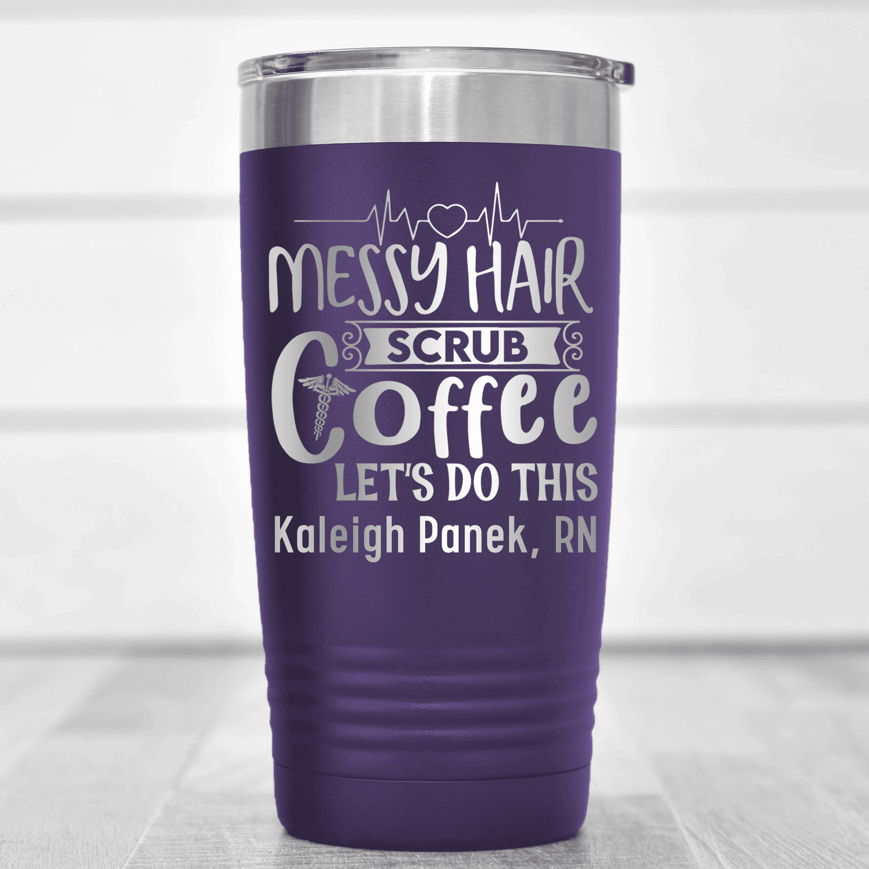 Purple Nurse Tumbler With Messy Hair Scrubs And Coffee Design