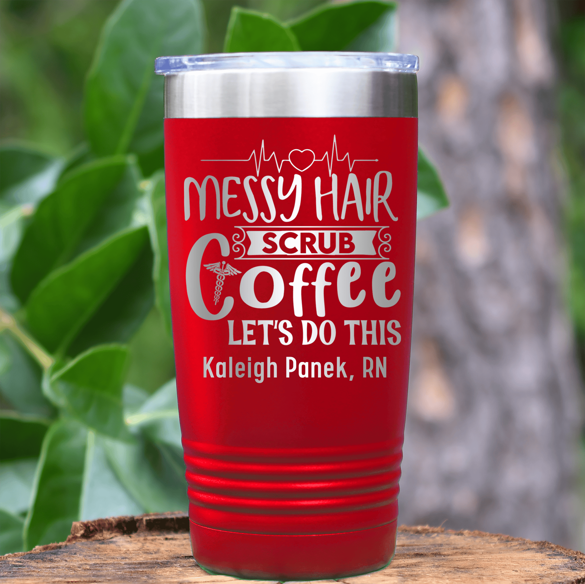 Red Nurse Tumbler With Messy Hair Scrubs And Coffee Design