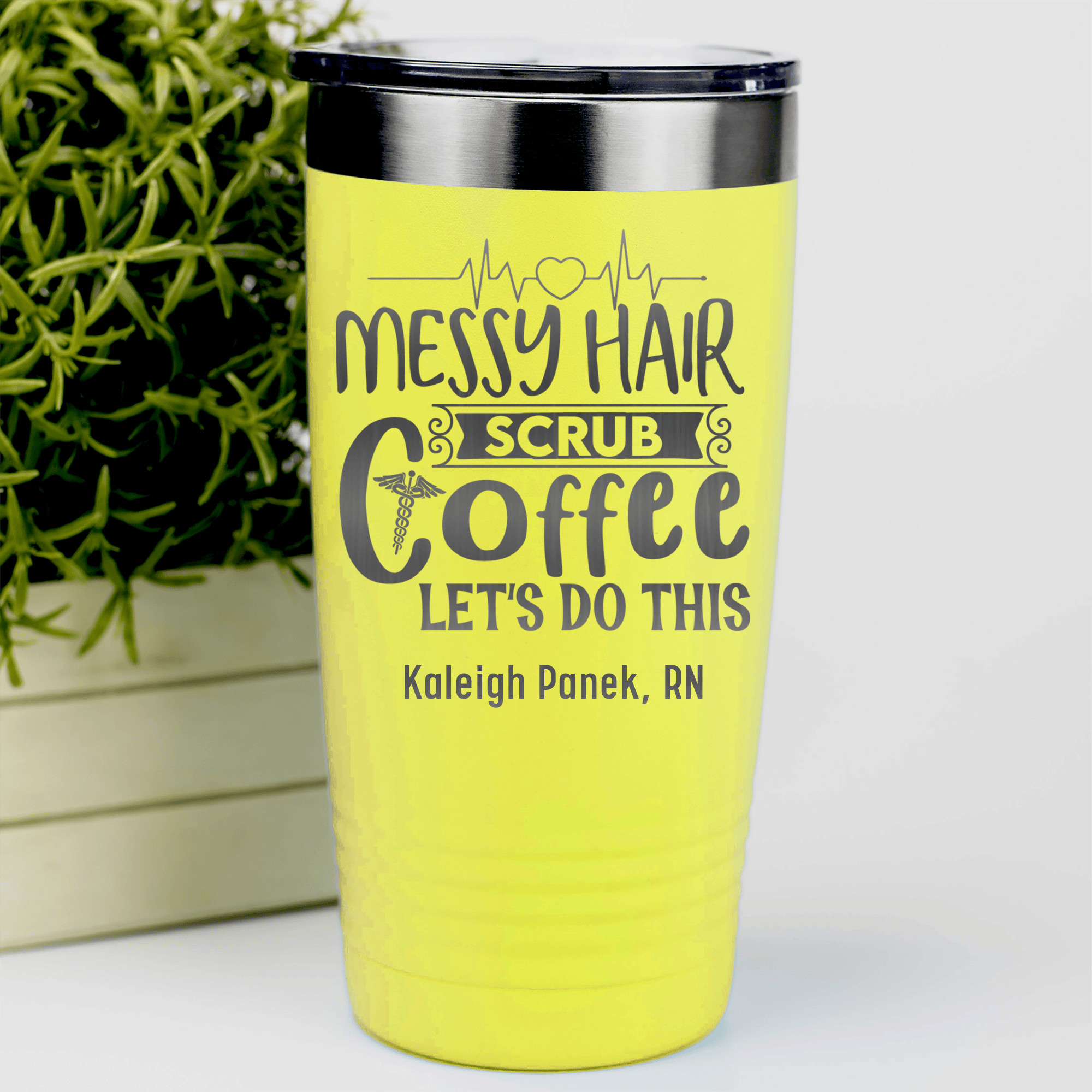 Yellow Nurse Tumbler With Messy Hair Scrubs And Coffee Design