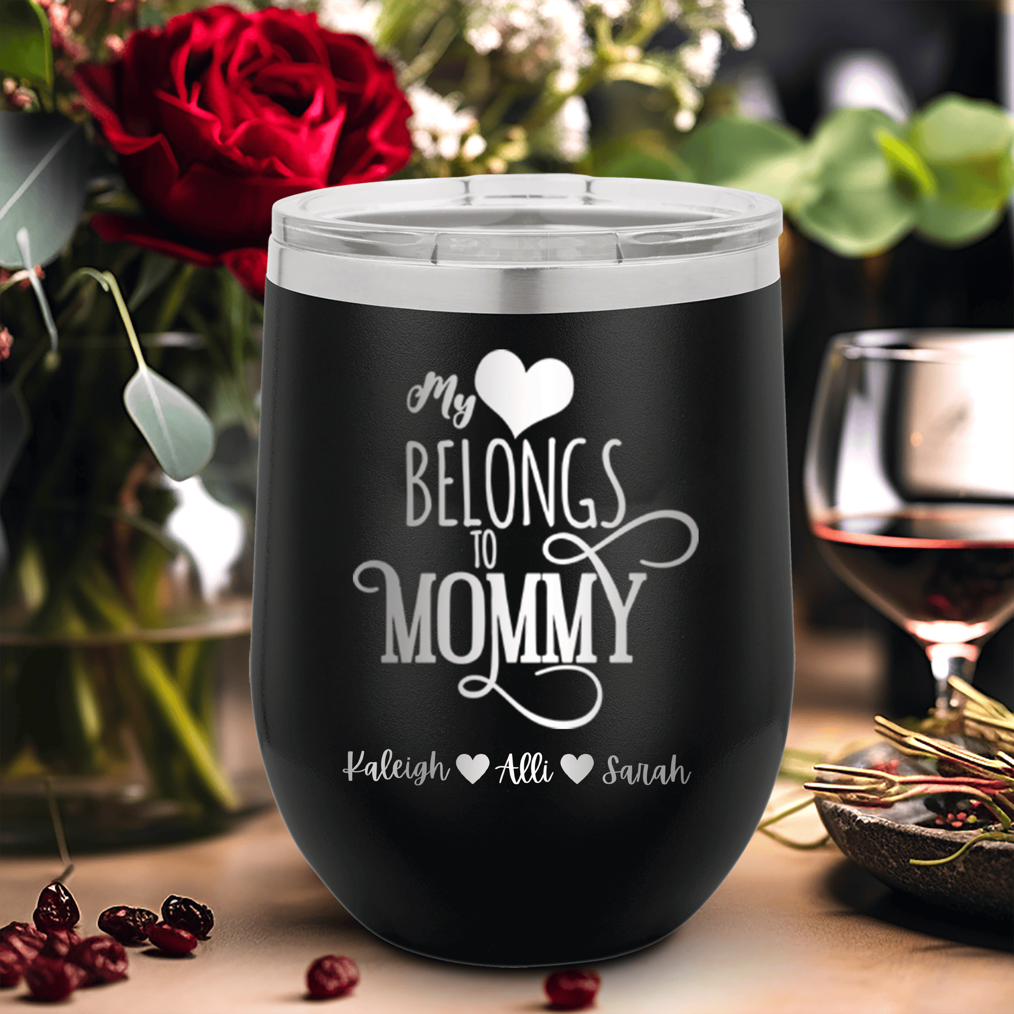 Black Mothers Day Wine Tumbler With Mommy Has My Heart Design