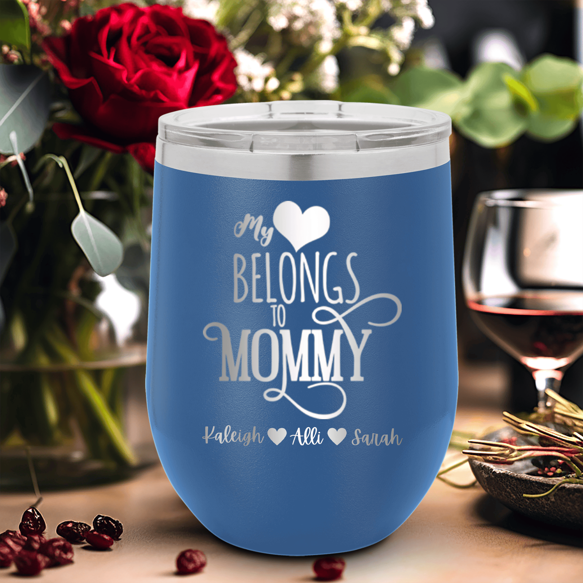 Blue Mothers Day Wine Tumbler With Mommy Has My Heart Design