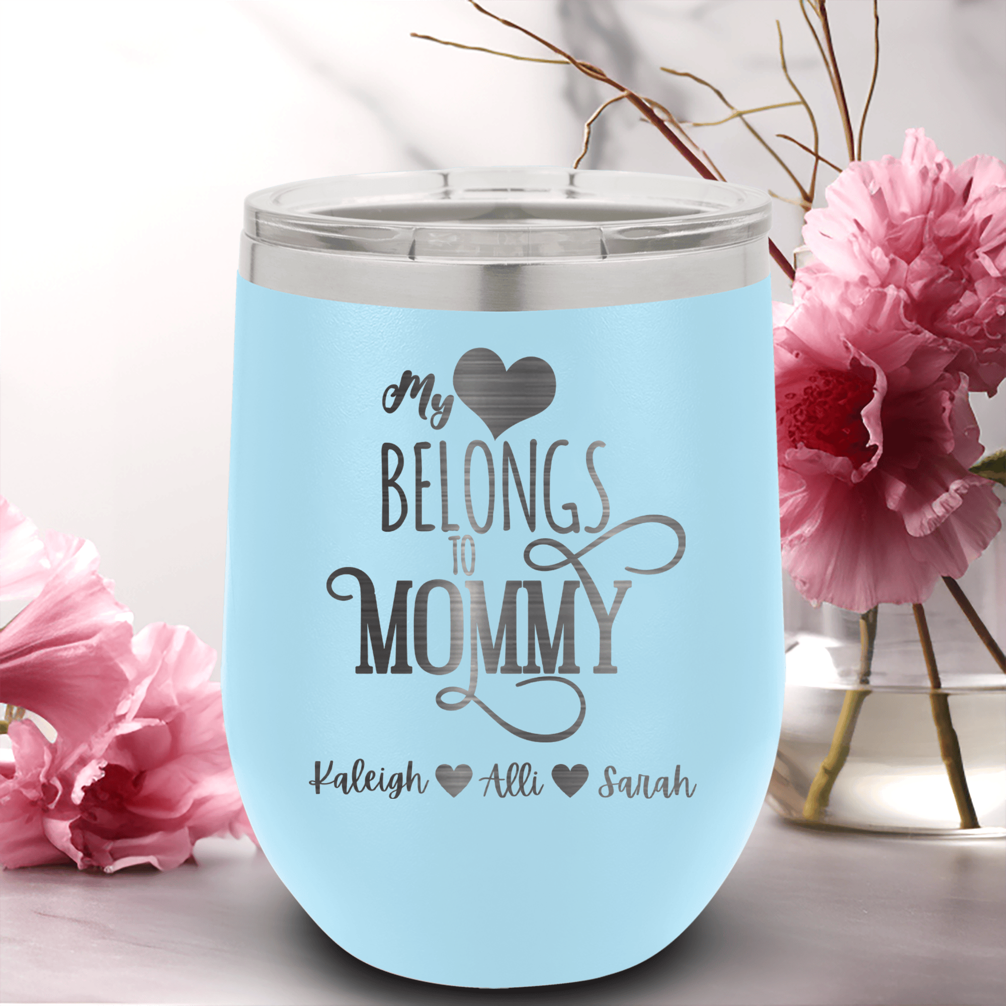 Light Blue Mothers Day Wine Tumbler With Mommy Has My Heart Design