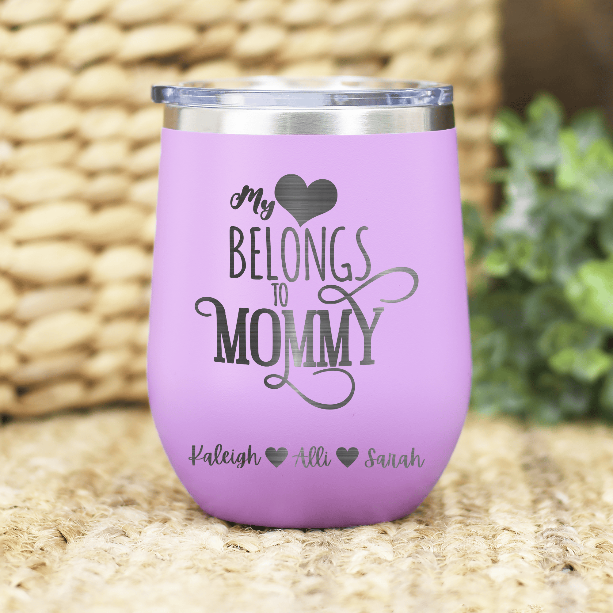 Light Purple Mothers Day Wine Tumbler With Mommy Has My Heart Design