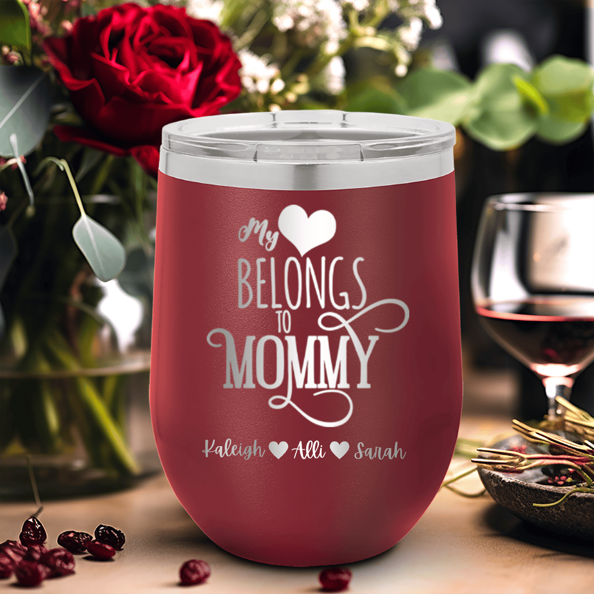 Maroon Mothers Day Wine Tumbler With Mommy Has My Heart Design