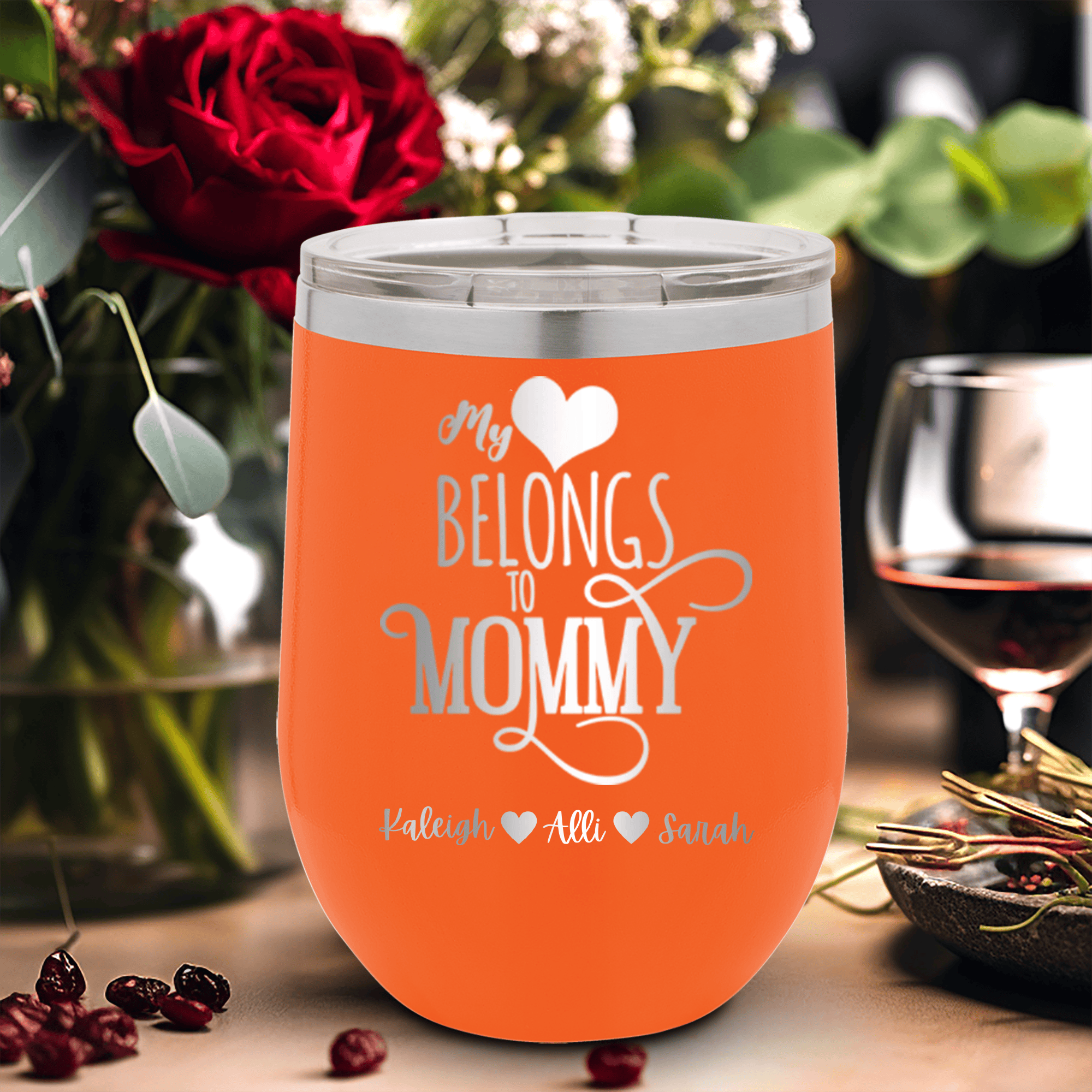 Orange Mothers Day Wine Tumbler With Mommy Has My Heart Design