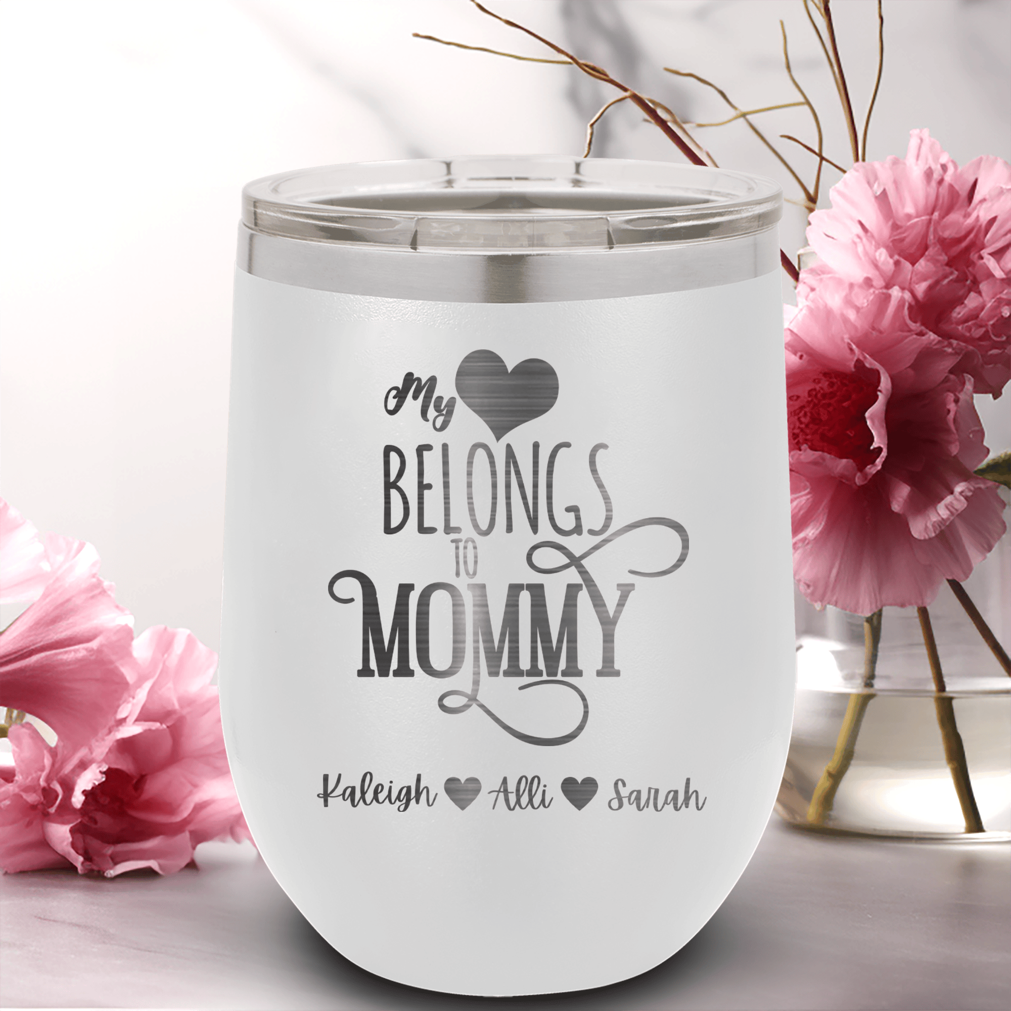 White Mothers Day Wine Tumbler With Mommy Has My Heart Design
