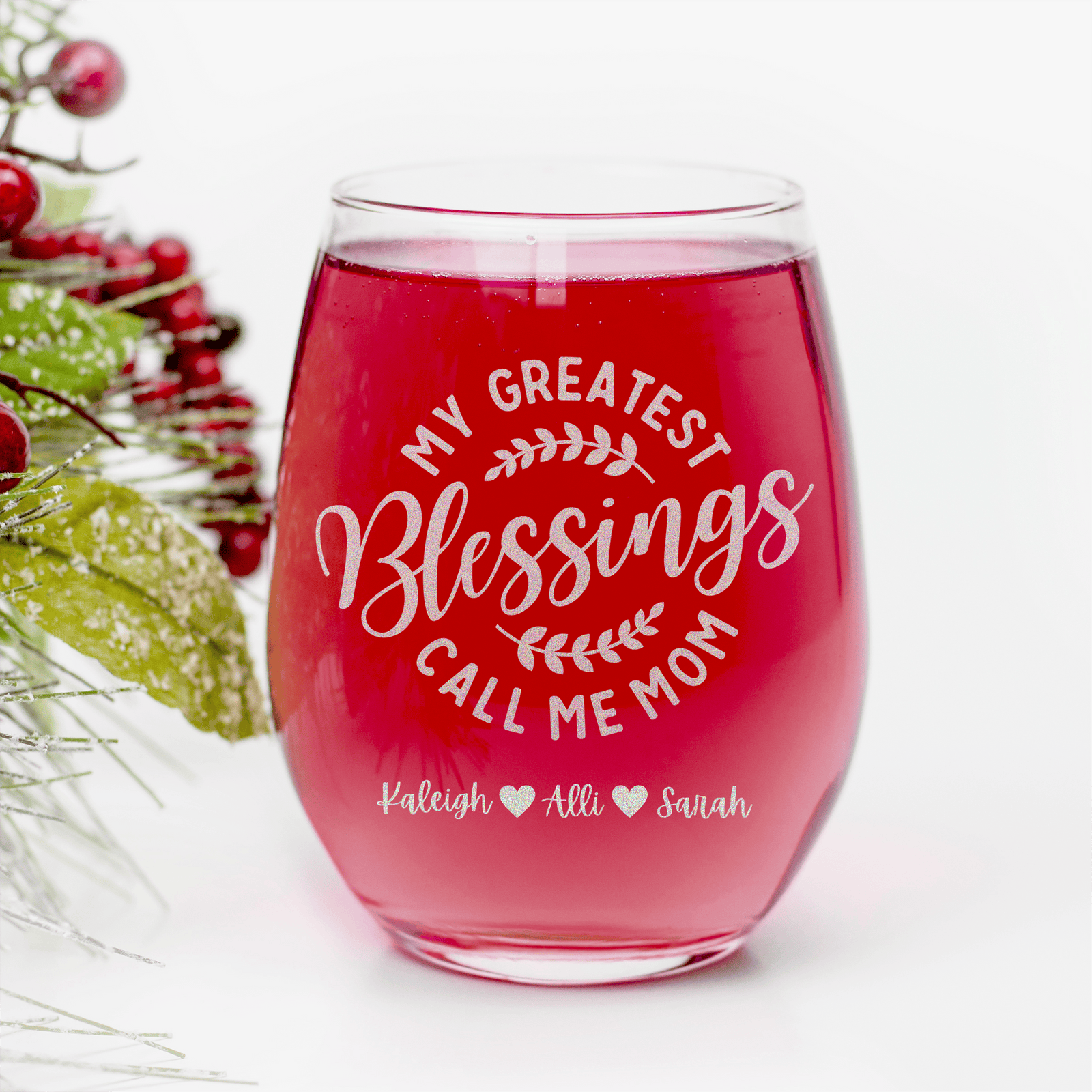 Moms Greatest Blessings Stemless Wine Glass