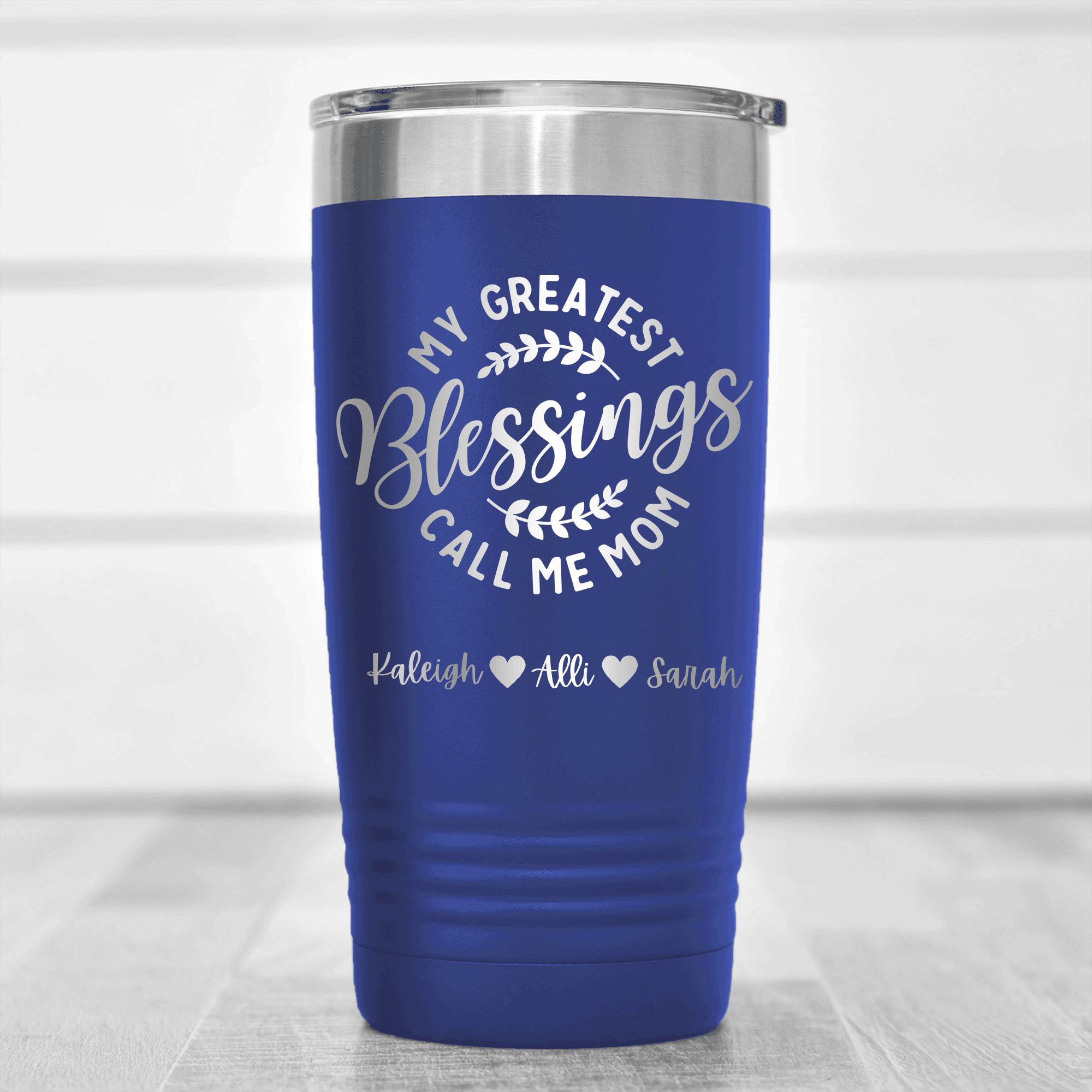 Blue Mothers Day Tumbler With Moms Greatest Blessings Design