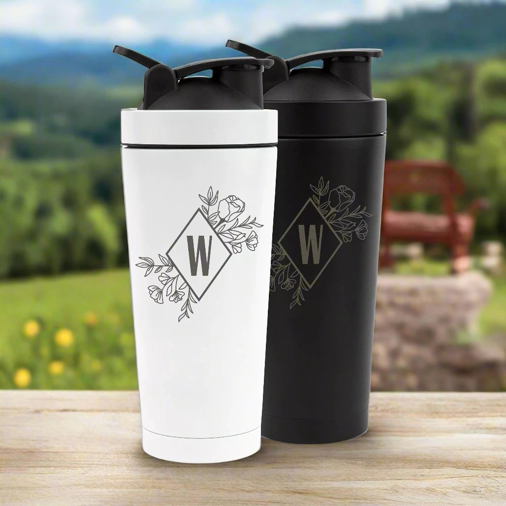 Monogrammed Letter Floral Steel Protein Shaker