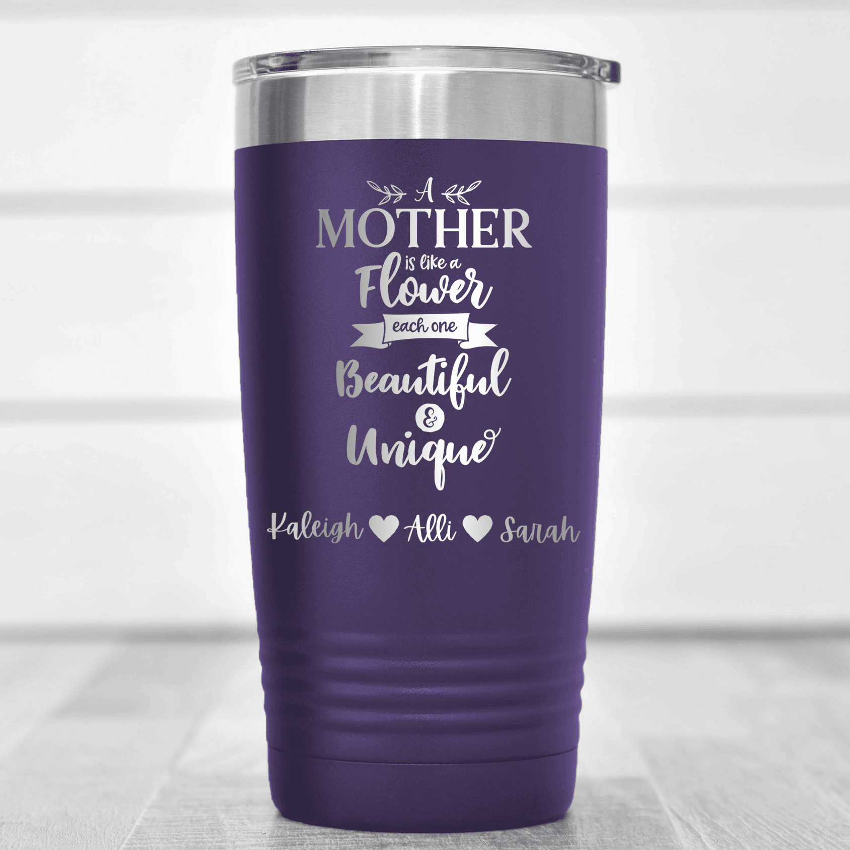 Purple Mothers Day Tumbler With Mothers Are Like Flowers Design