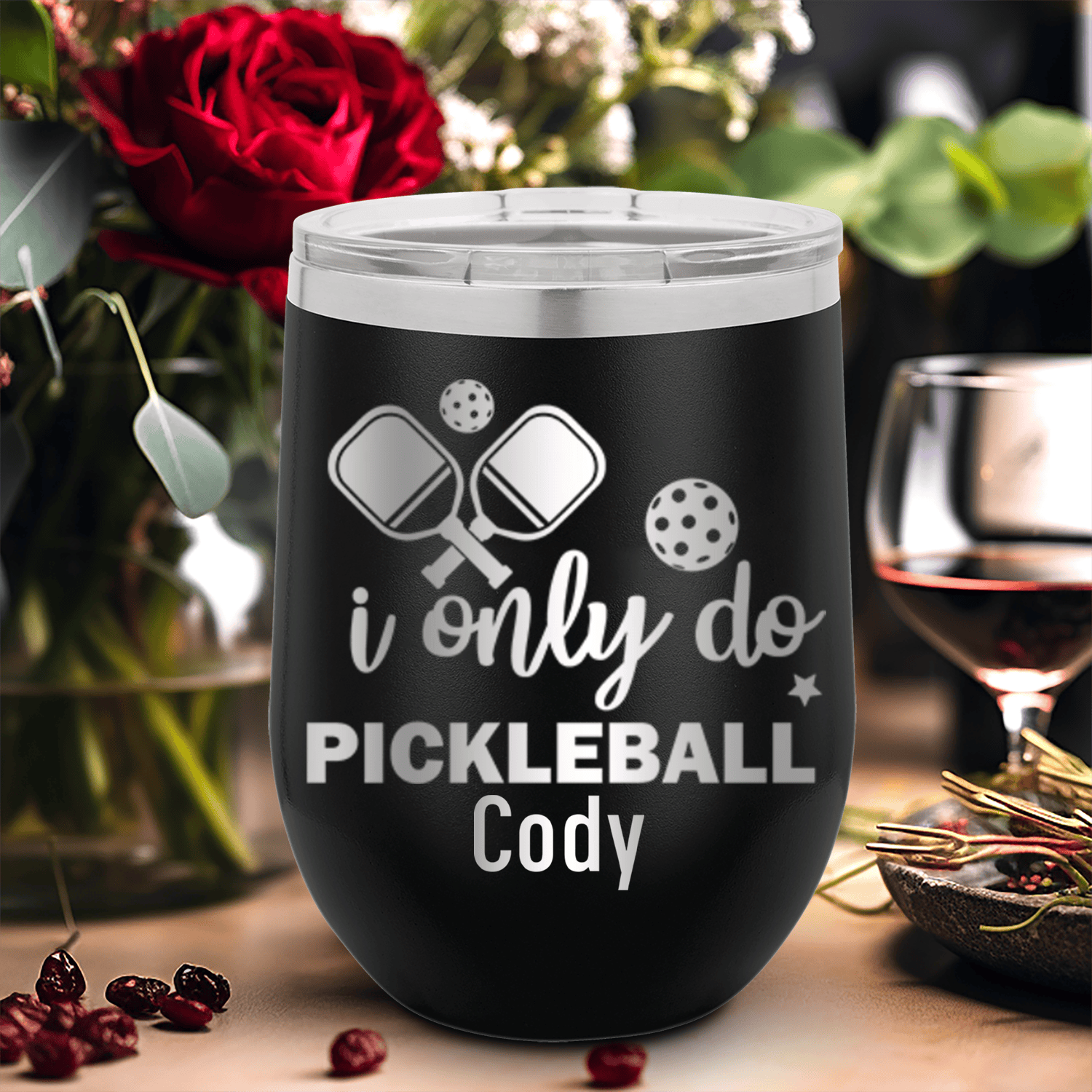 Black Pickleball Wine Tumbler With Nothin But Pickle Design