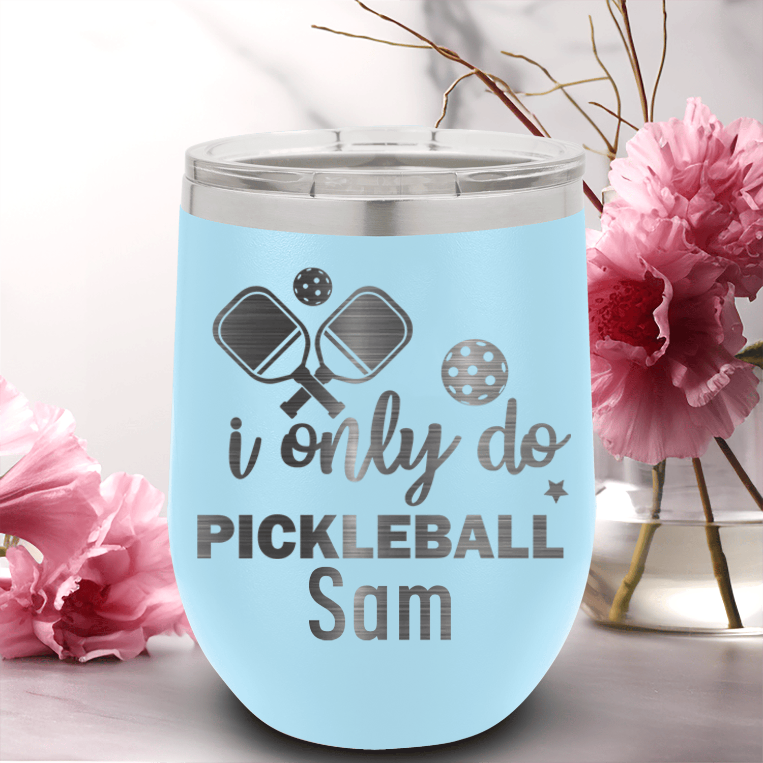 Light Blue Pickleball Wine Tumbler With Nothin But Pickle Design