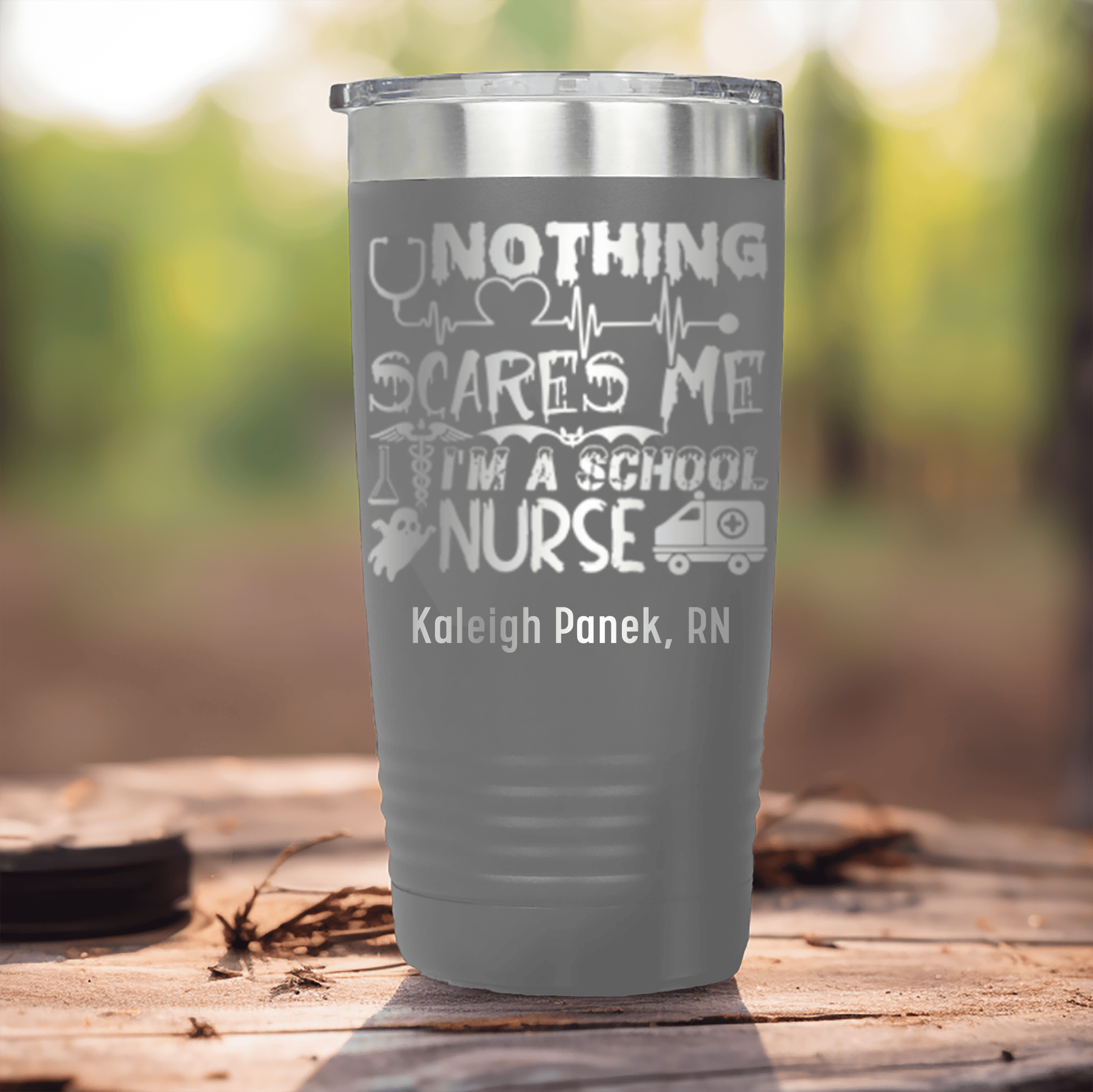 Grey Nurse Tumbler With Nothing Scares Me Im A Nurse Design