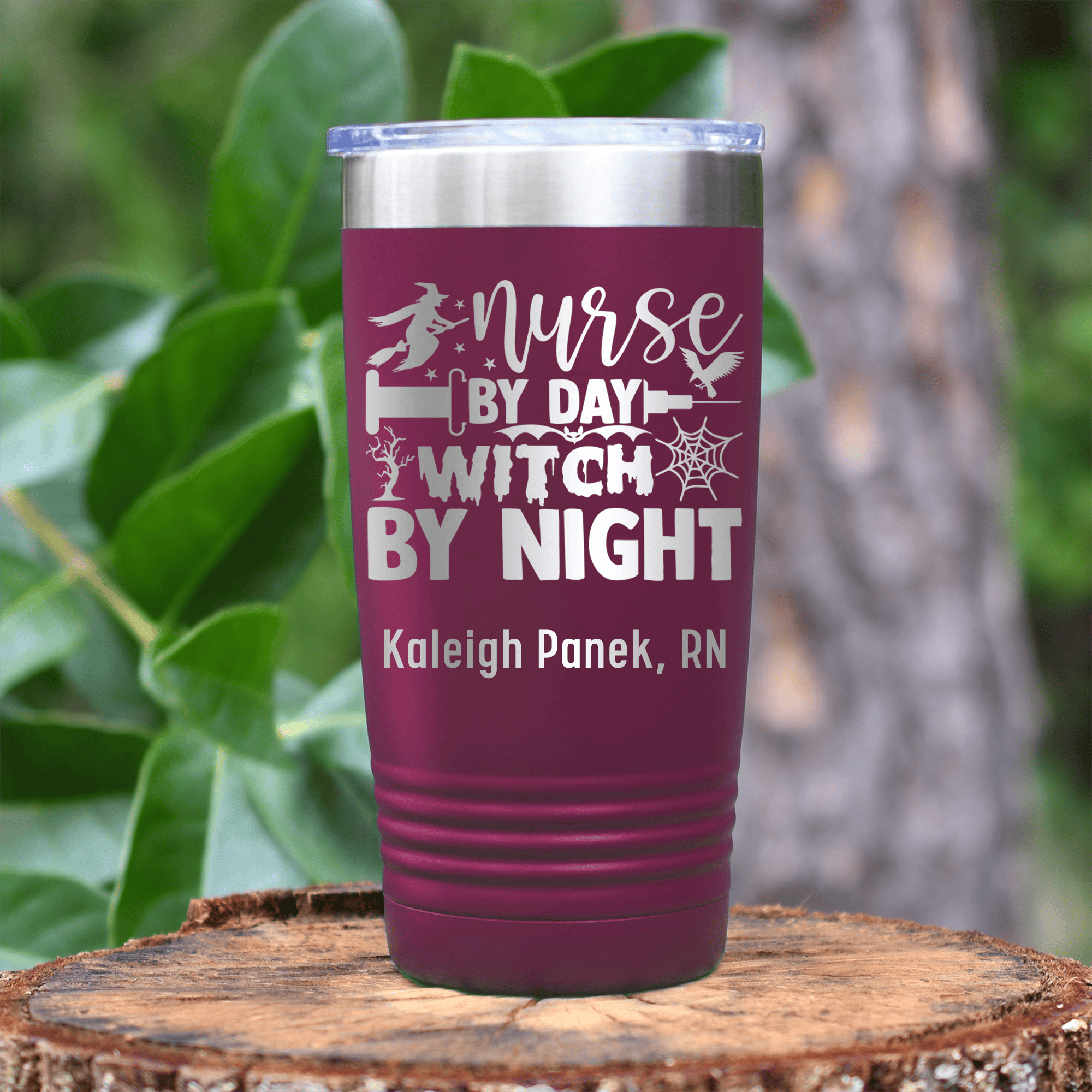 Maroon Nurse Tumbler With Nurse By Day Witch By Night Design