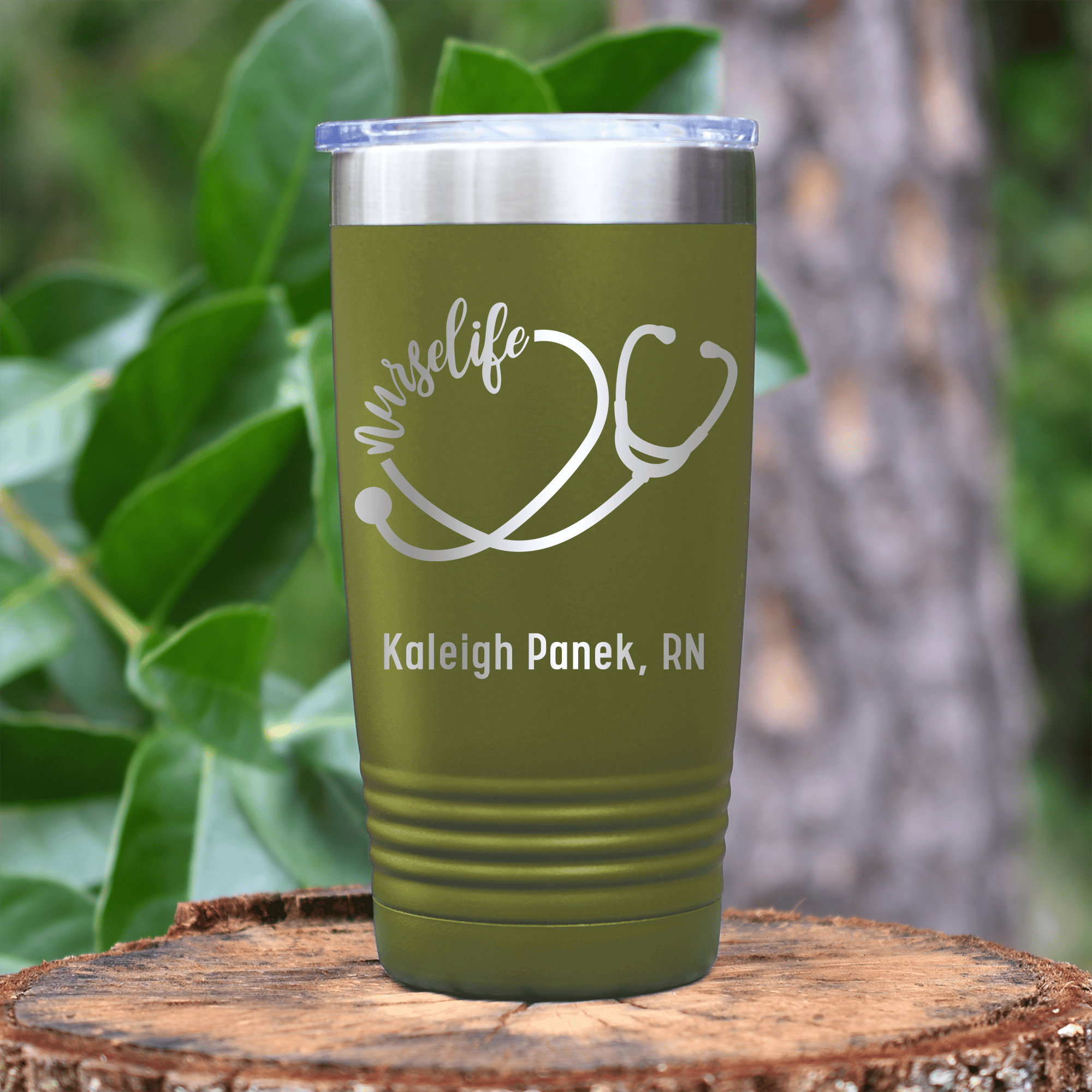 Military Green Nurse Tumbler With Nurselife Script Design