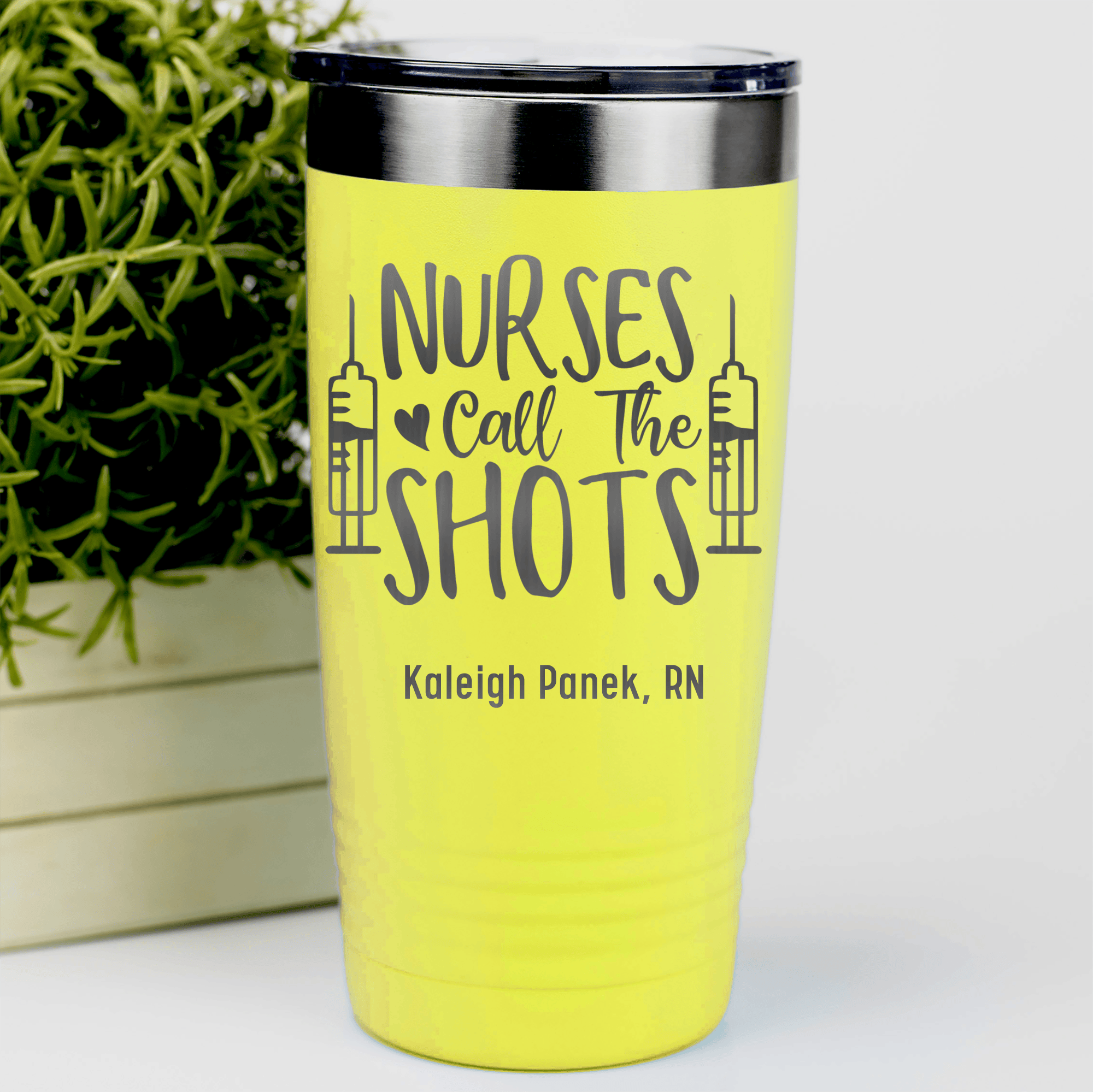 Yellow Nurse Tumbler With Nurses Call All The Shots Design