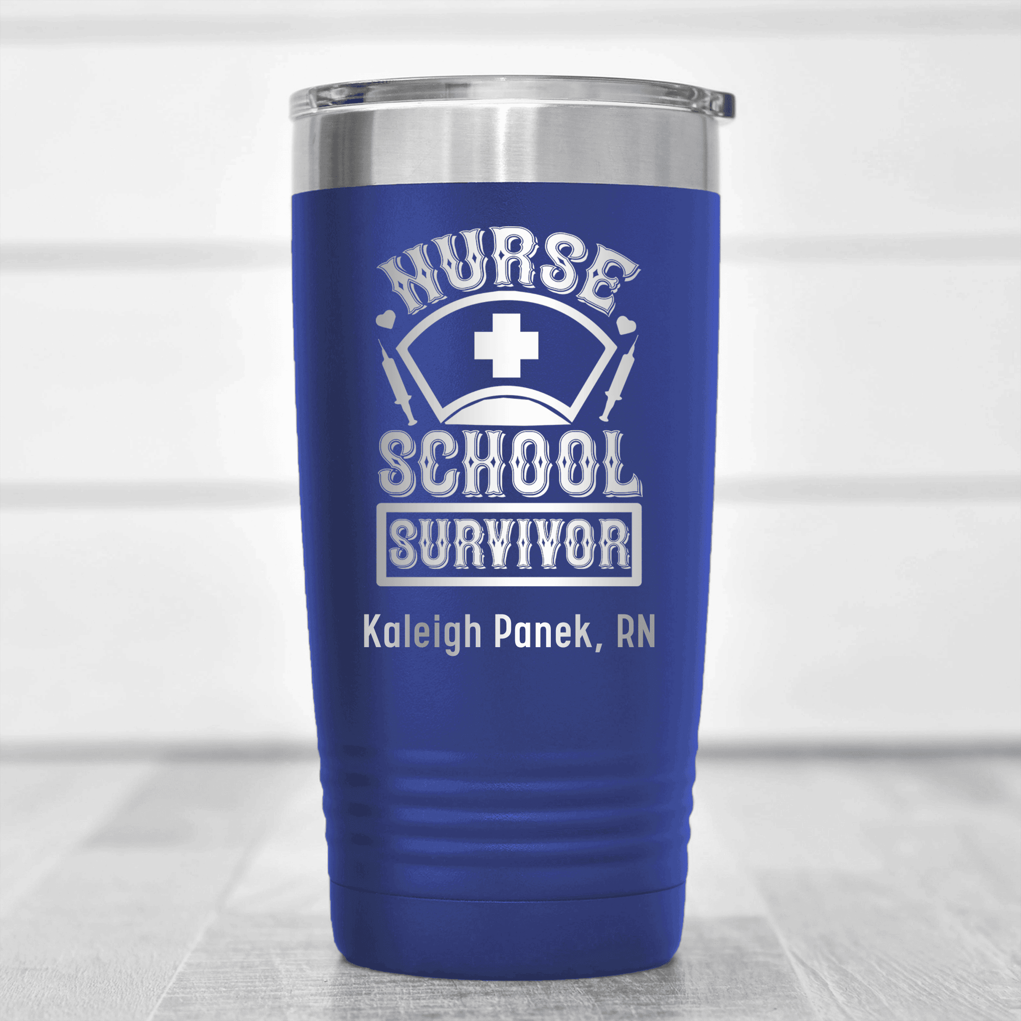 Blue Nurse Tumbler With Nursing School Survivor Design