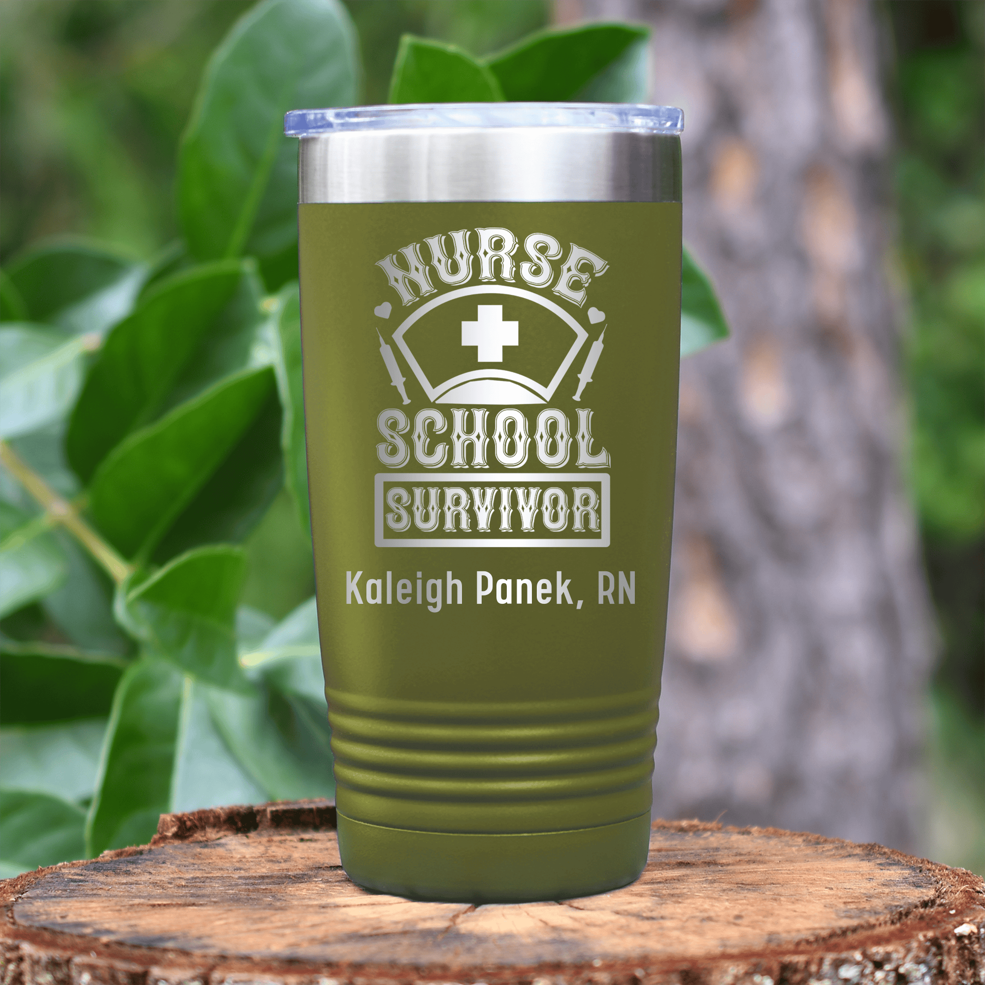 Military Green Nurse Tumbler With Nursing School Survivor Design