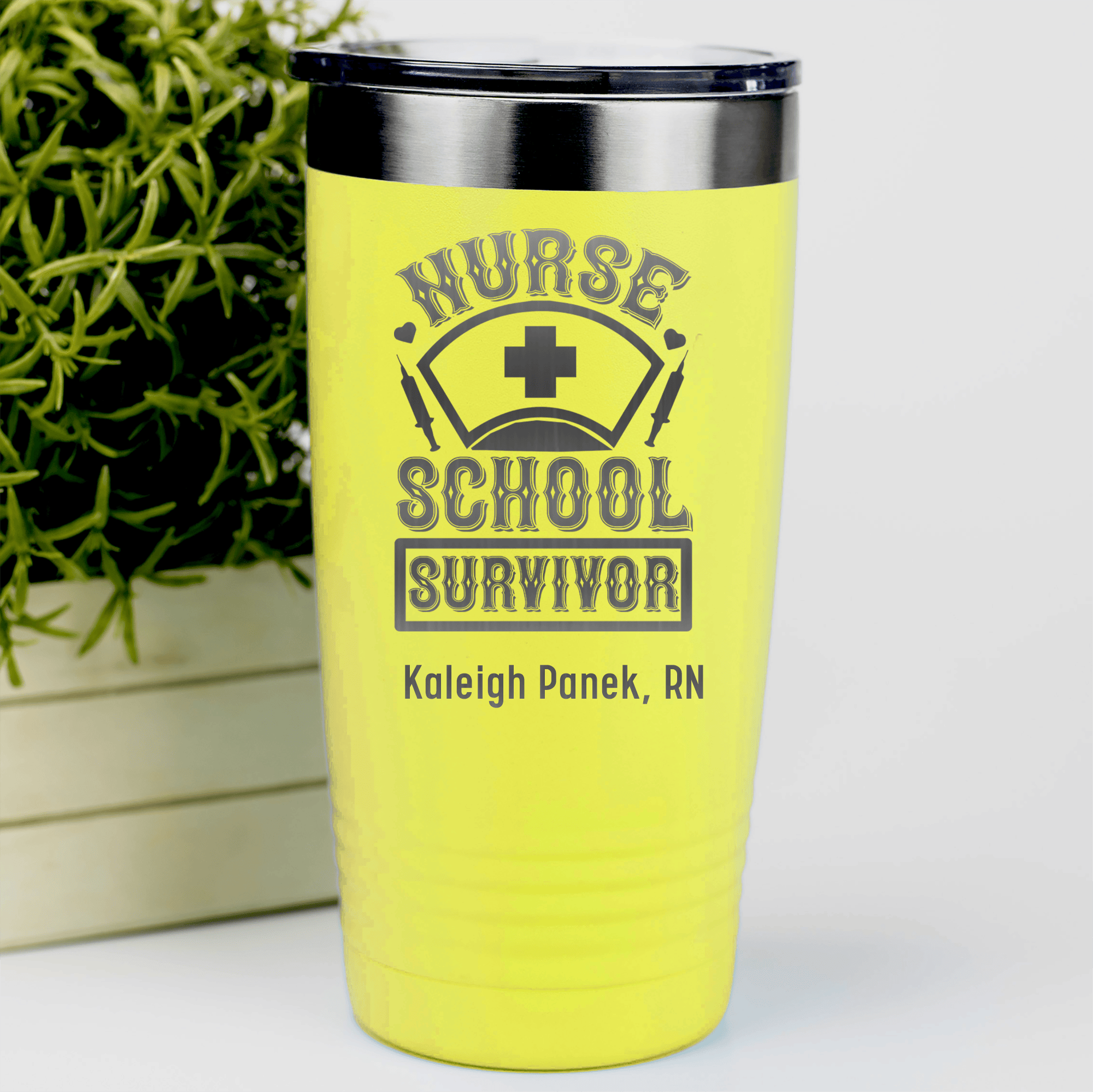 Yellow Nurse Tumbler With Nursing School Survivor Design