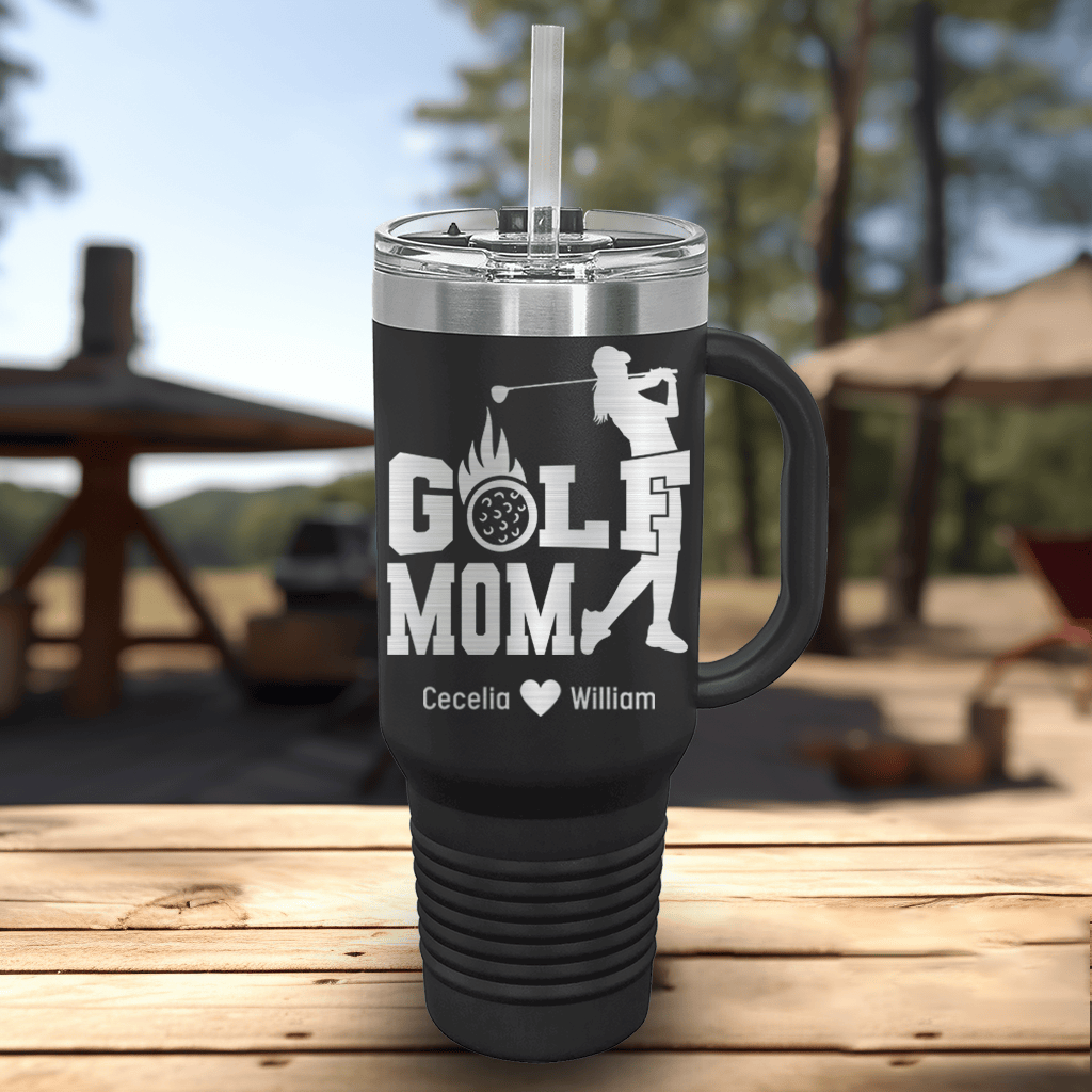 Black Golf Mom Travel Mug With Handle With On Fire Golf Mom Design