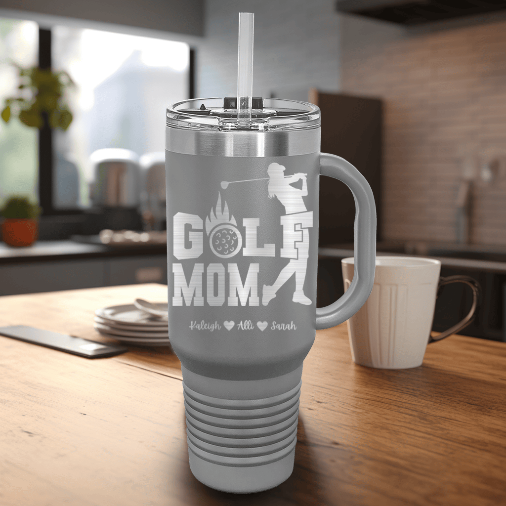 Grey Golf Mom Travel Mug With Handle With On Fire Golf Mom Design