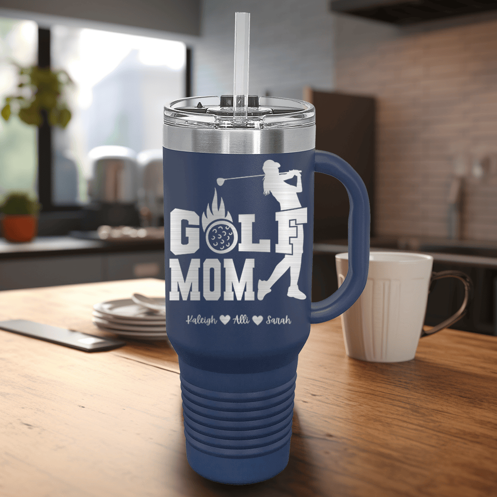 Navy Golf Mom Travel Mug With Handle With On Fire Golf Mom Design