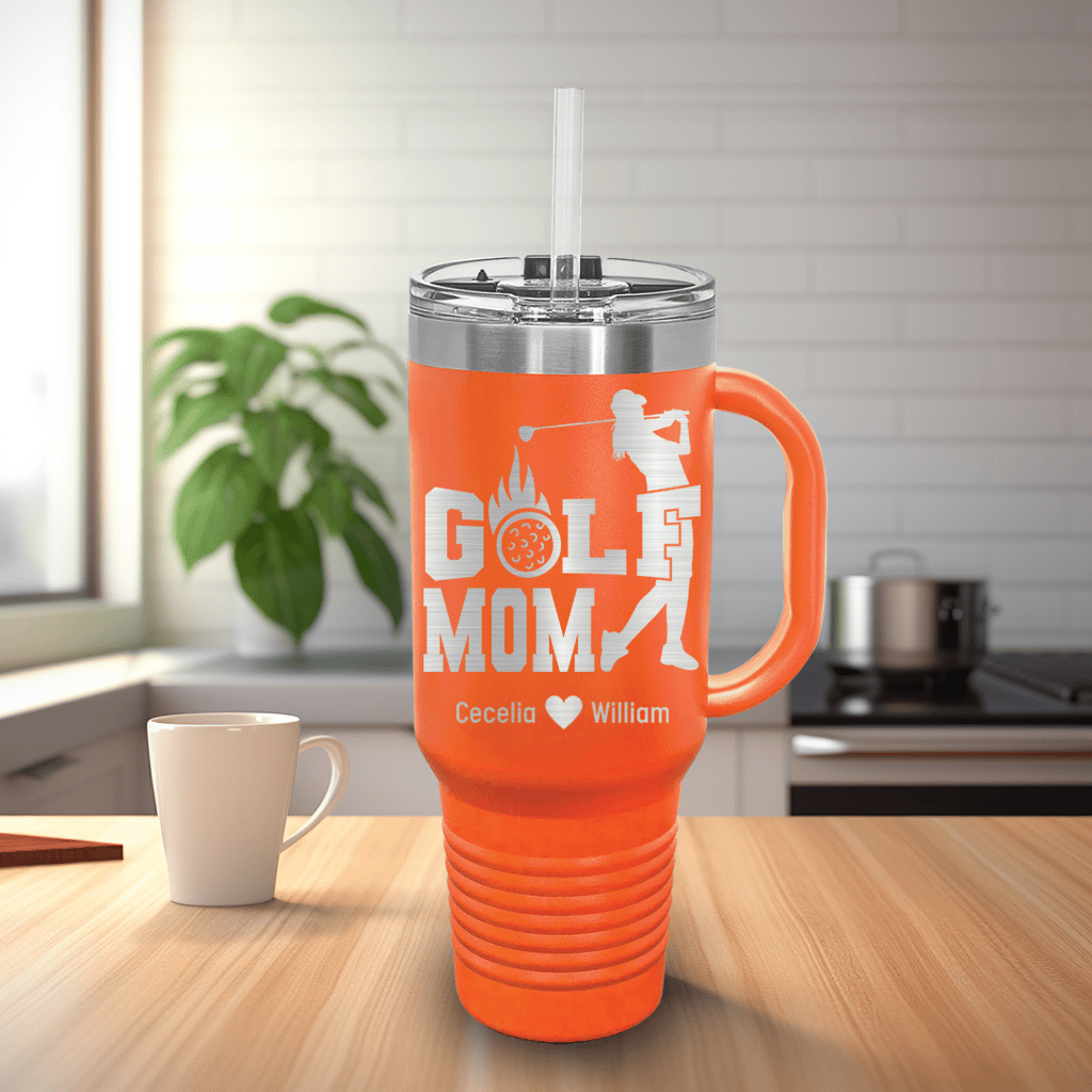 Orange Golf Mom Travel Mug With Handle With On Fire Golf Mom Design